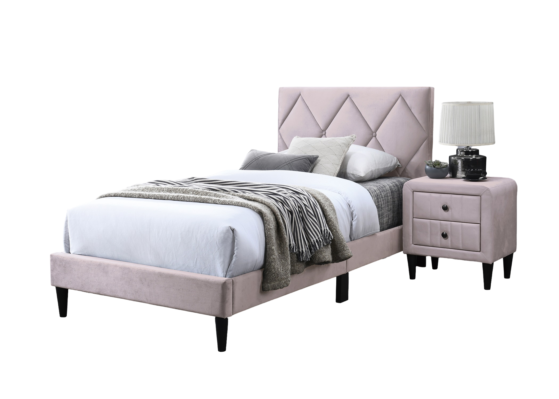 Pink velvet upholstered bed with diamond tufting