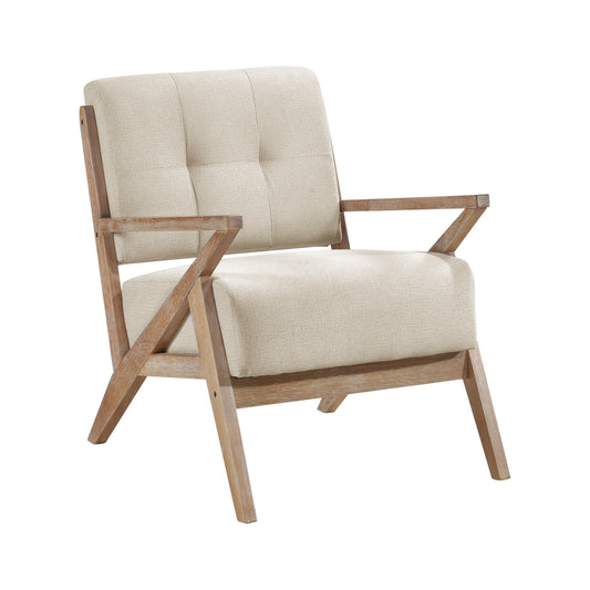 Textured beige fabric armchair with a light wood frame and tufted seat perfect for living rooms