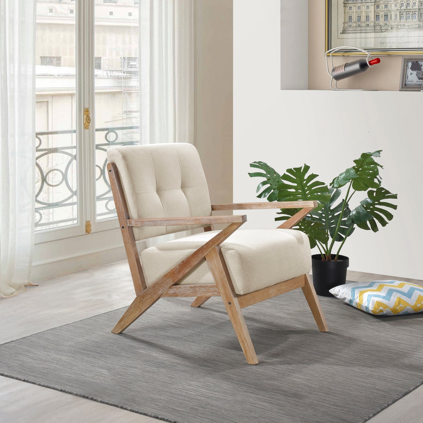 Beige upholstered armchair with natural wood frame perfect for a modern living room accent chair
