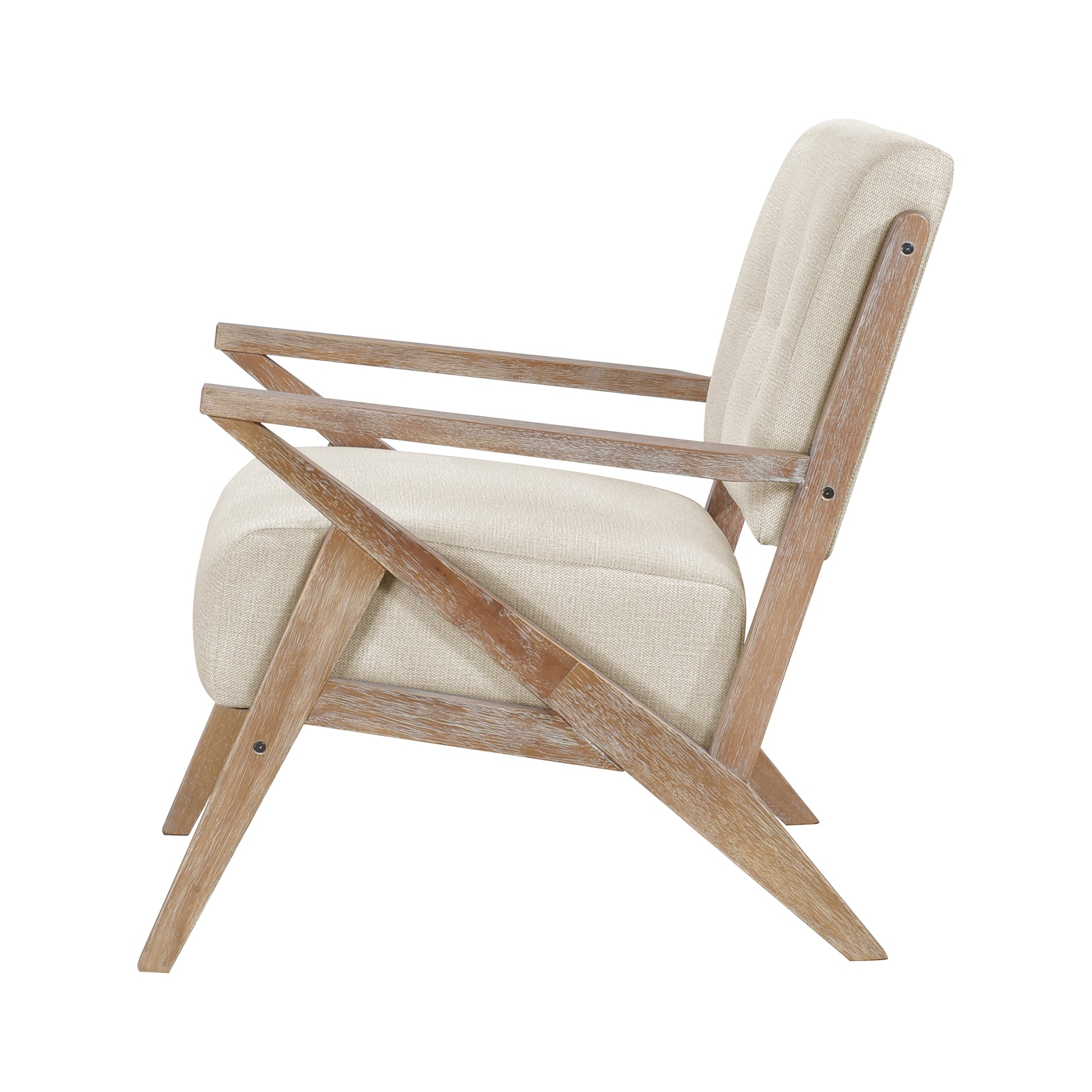 Beige upholstered accent chair with natural wood frame and button tufting