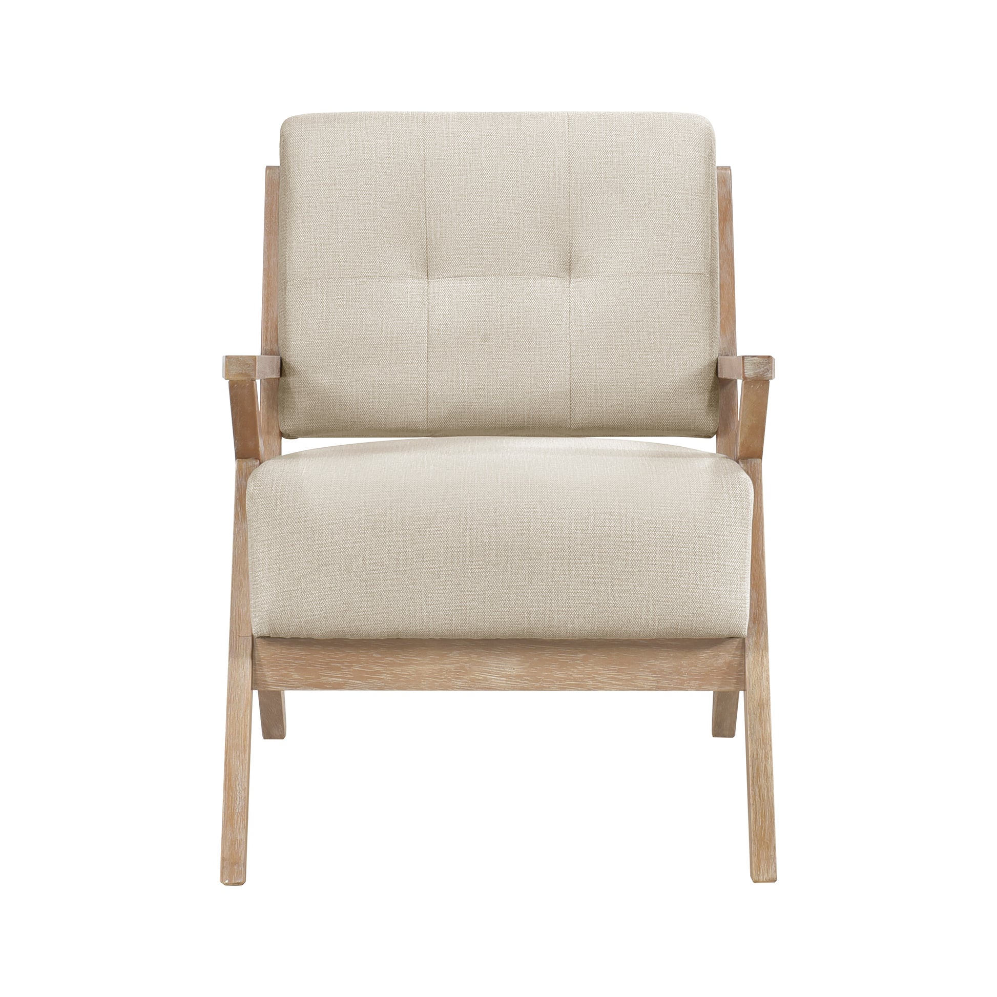 Cream fabric armchair with wooden frame and button tufting detail