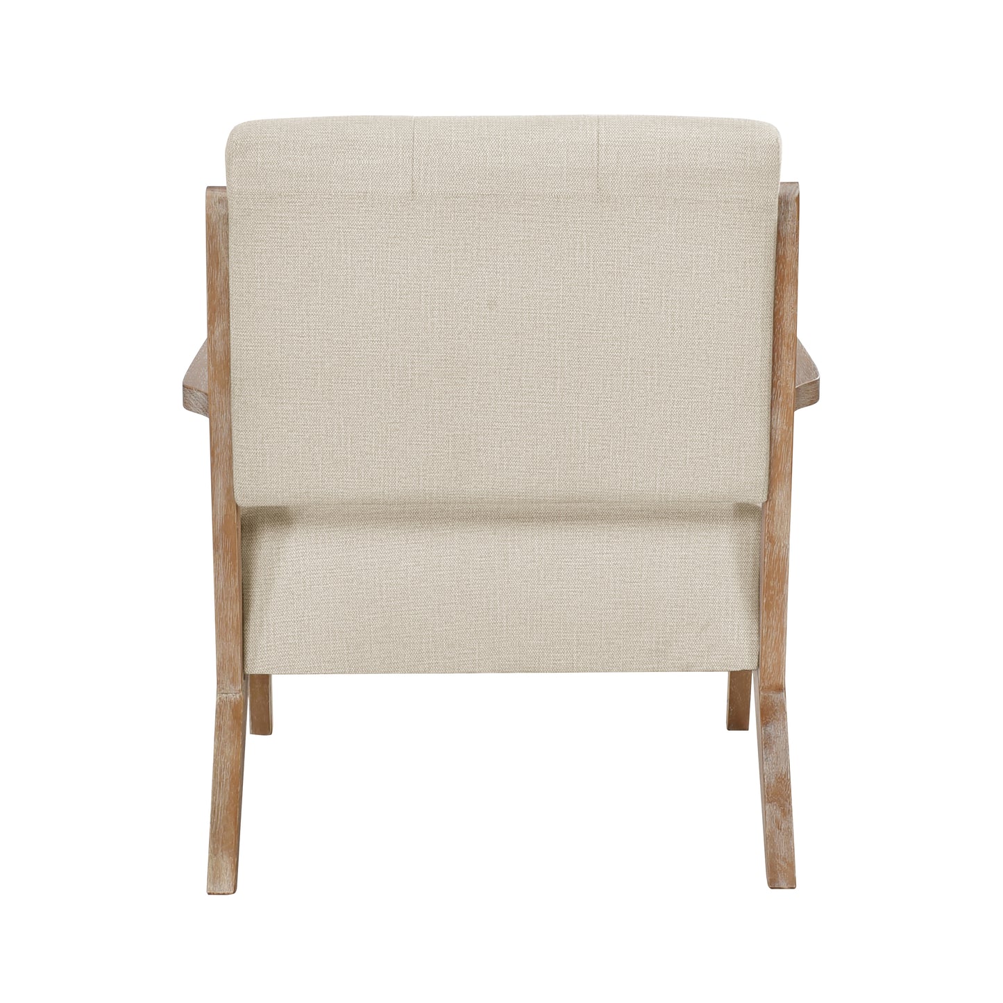 Back view of a beige upholstered armchair with a distressed wood frame