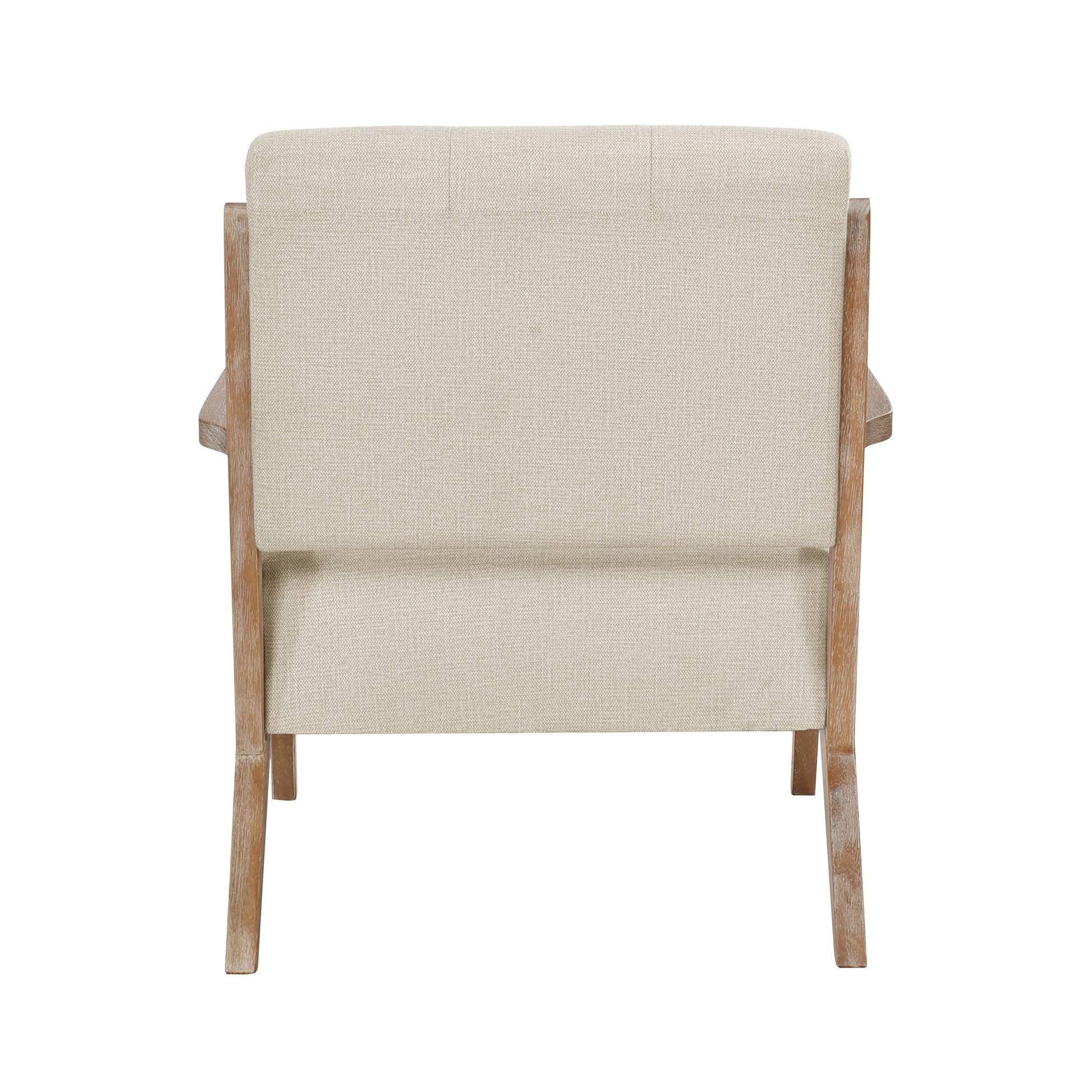 Back view of a beige upholstered armchair with a distressed wood frame