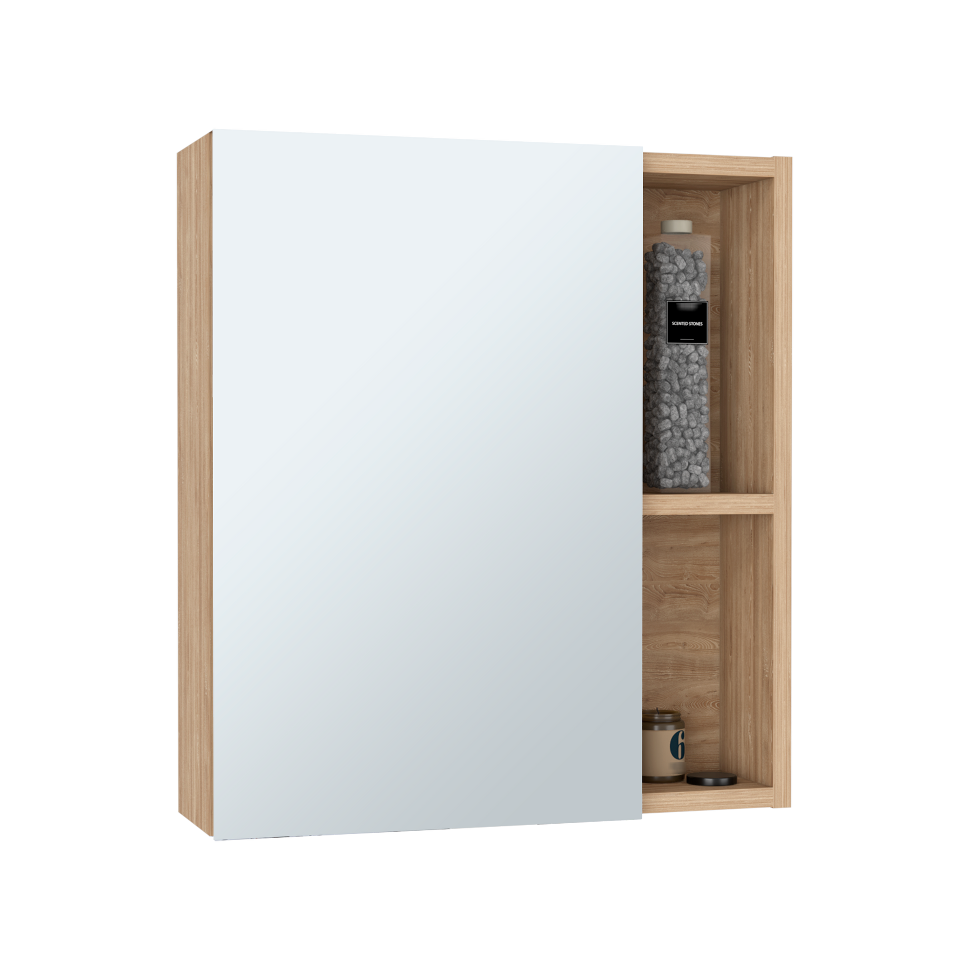 Modern wooden medicine cabinet with mirrored door and open shelf