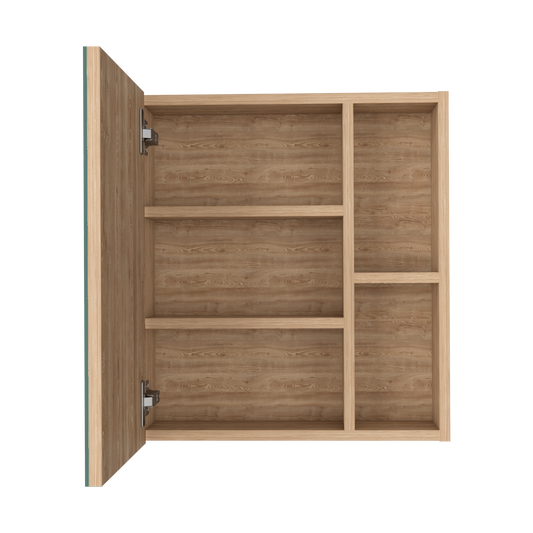 Open wooden medicine cabinet with multiple shelves and light oak finish