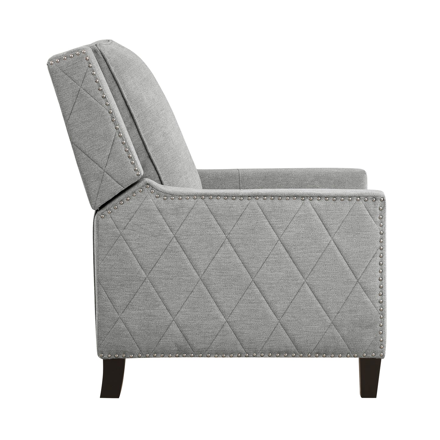 Grey fabric armchair with diamond tufting and silver nailhead trim