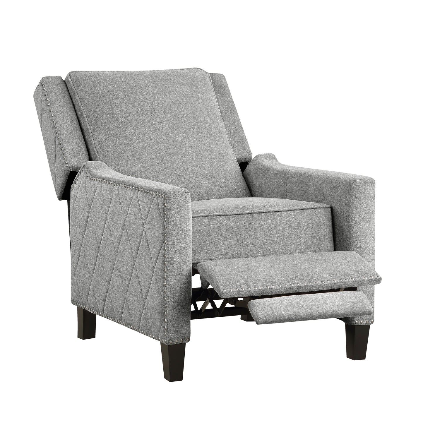 Grey fabric recliner with diamond tufting on the arms and nailhead trim