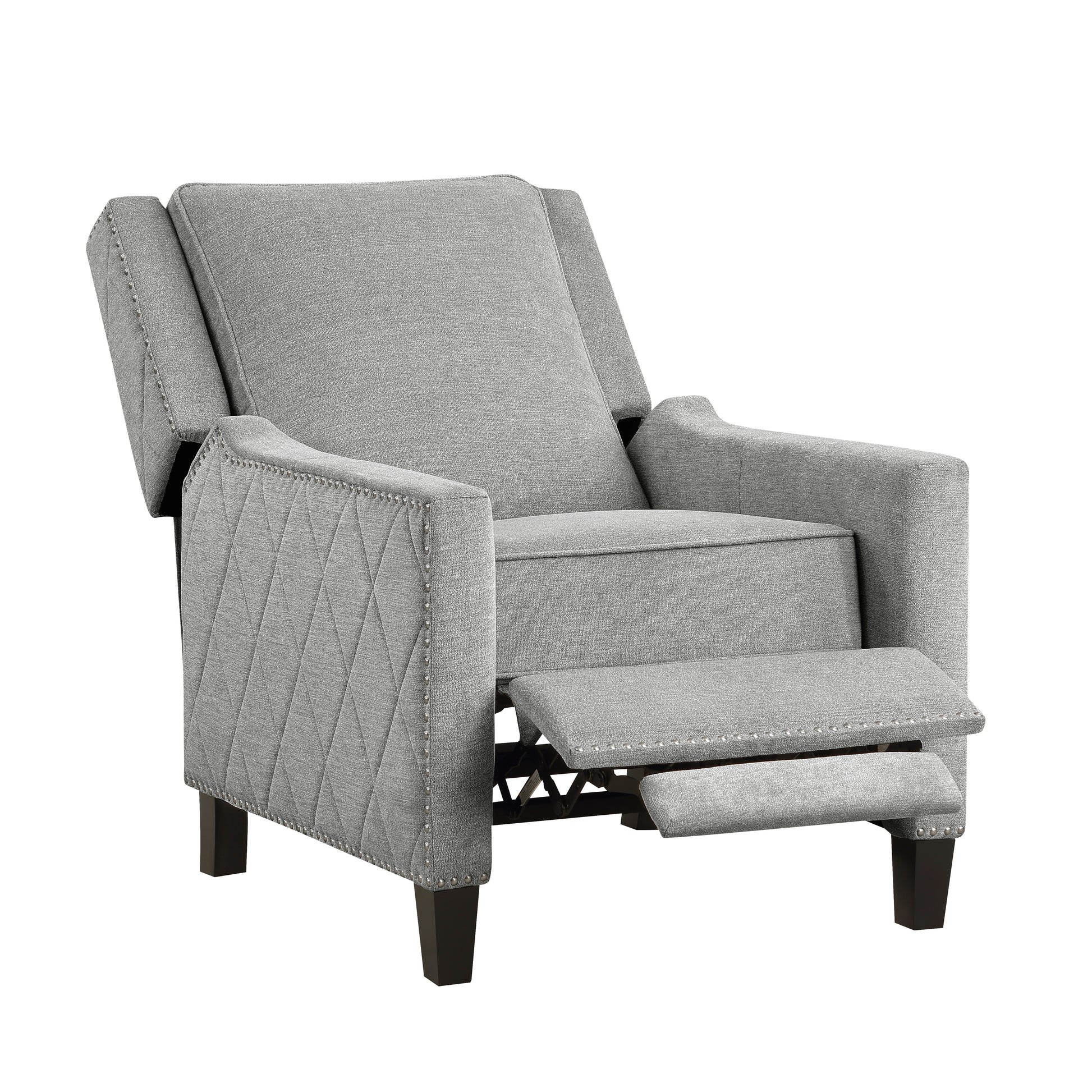 Grey fabric recliner with diamond tufting on the arms and nailhead trim
