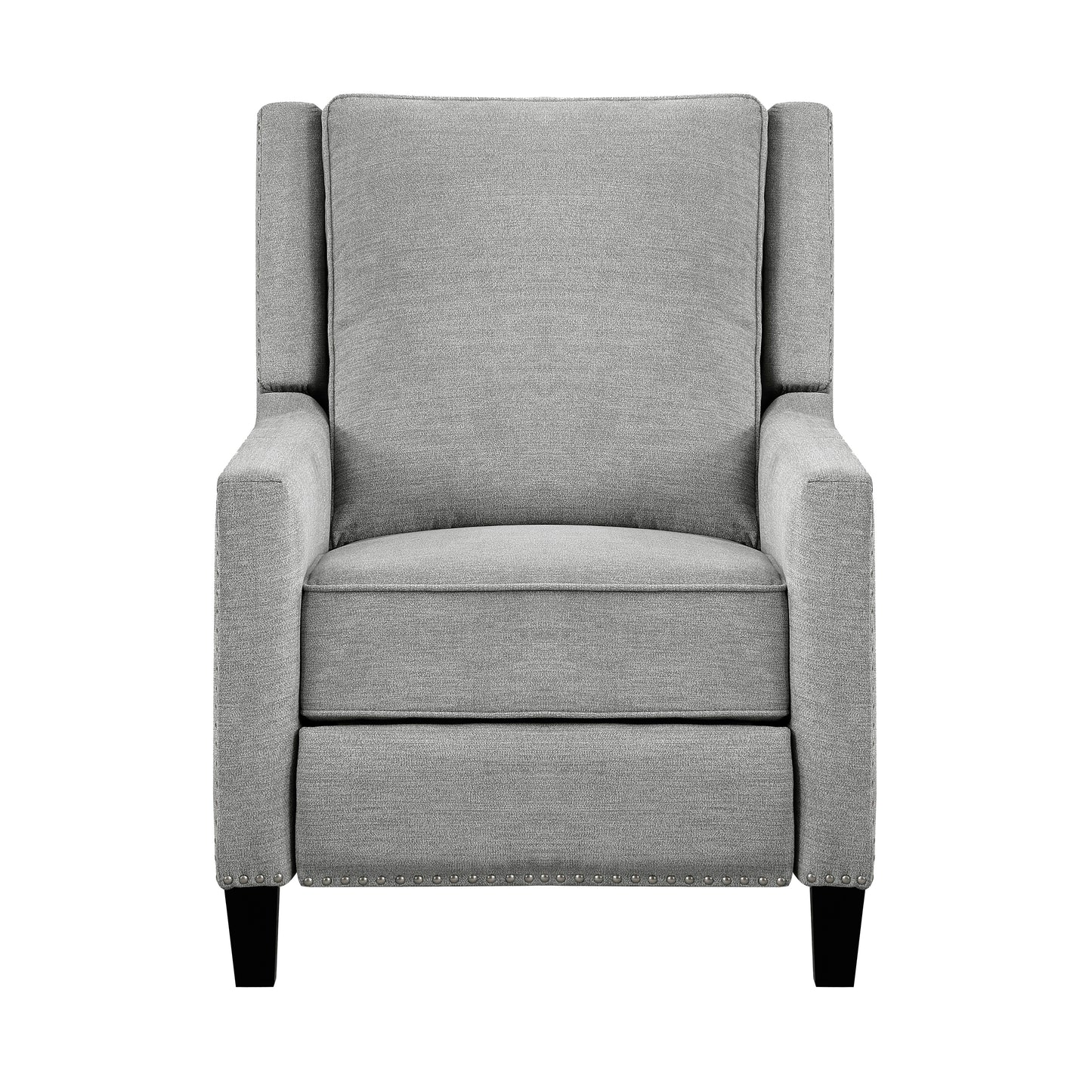 Gray fabric wingback recliner with silver nailhead trim and black tapered legs