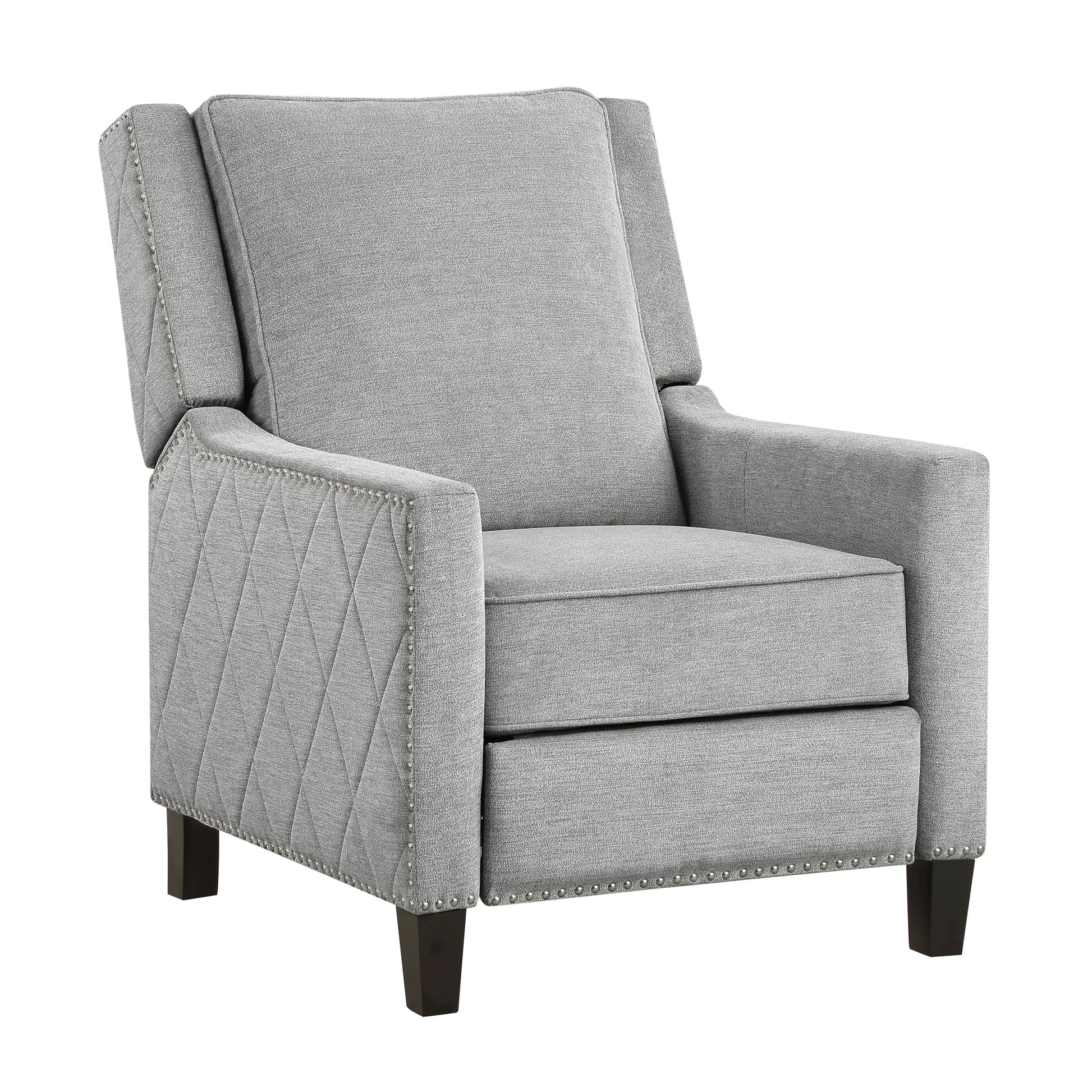 Grey fabric recliner chair with nailhead trim and diamond tufting