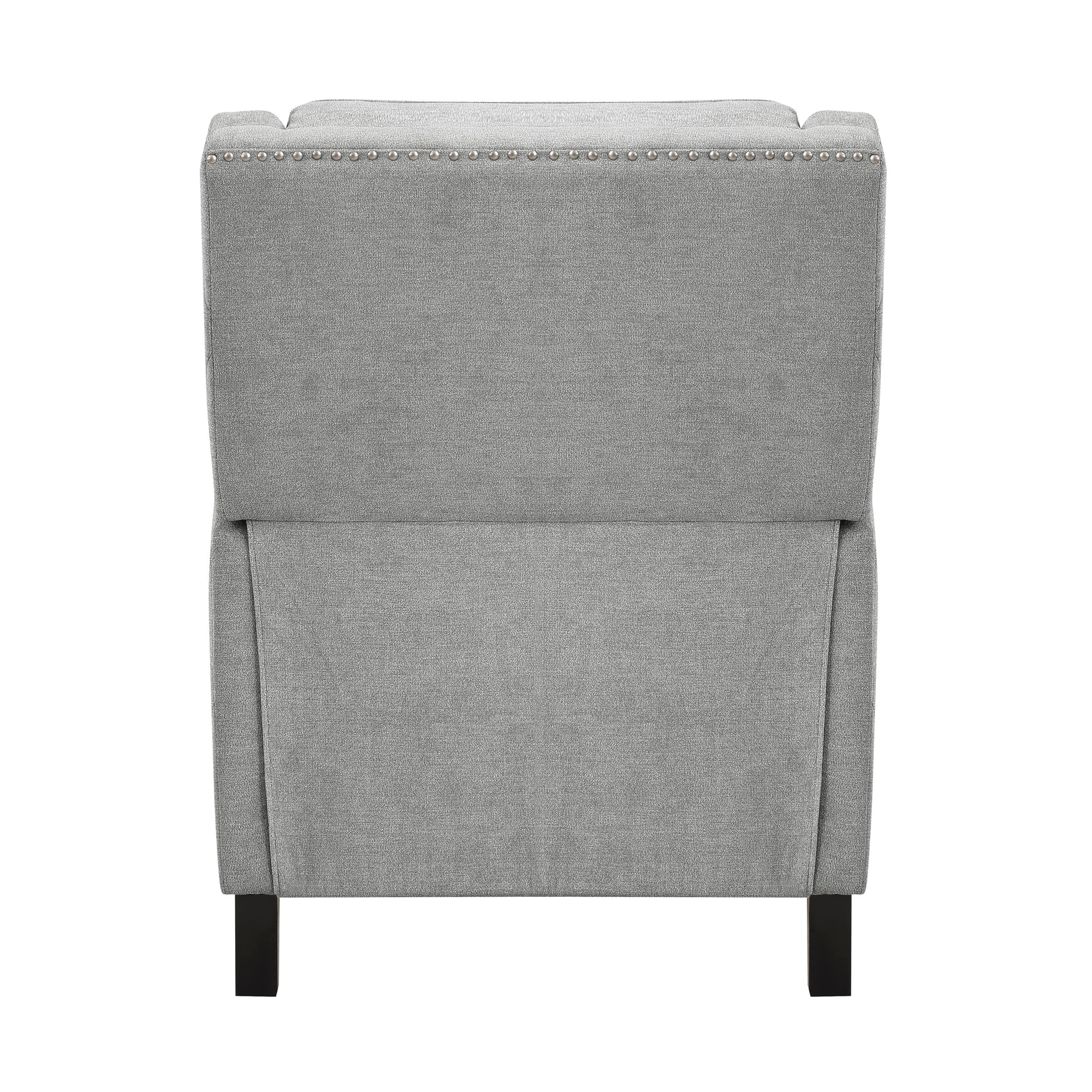 Back view of a gray upholstered accent chair with silver nailhead trim and black wooden legs