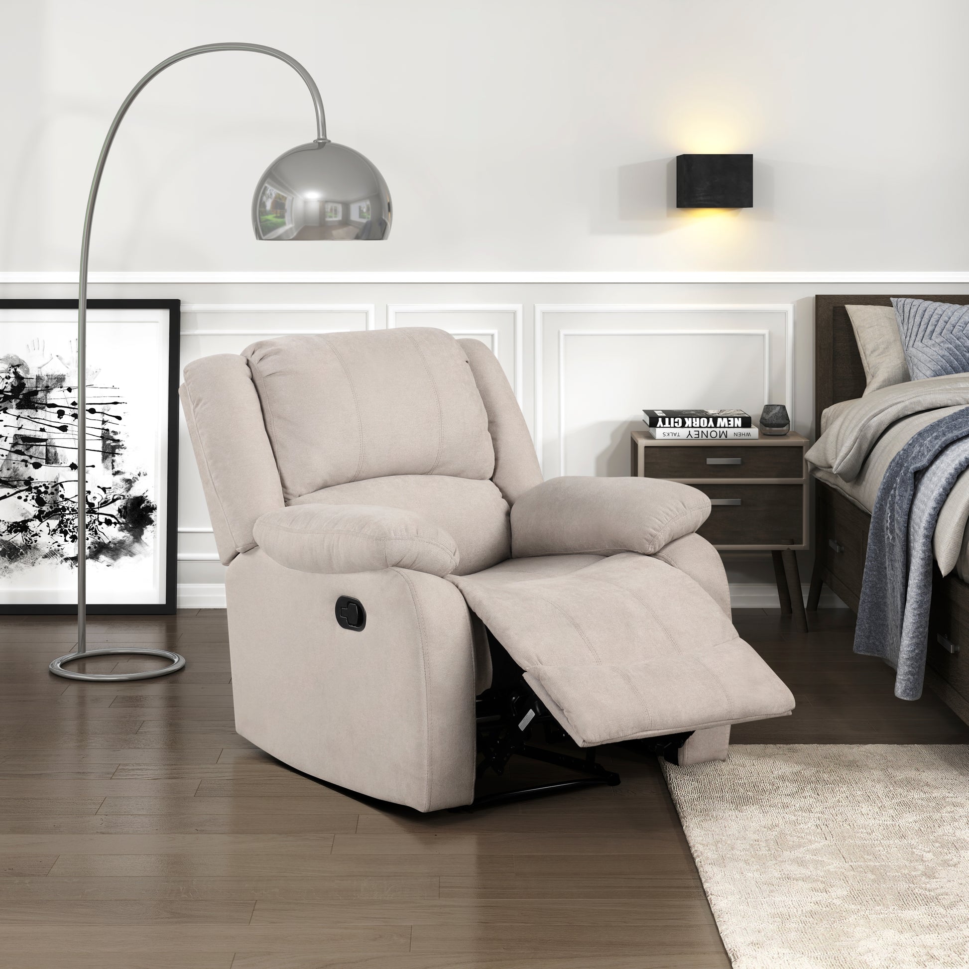 Comfortable beige fabric recliner with a lever for reclining perfect for living room relaxation