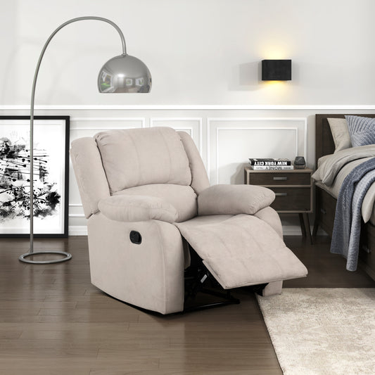 Comfortable beige fabric recliner with a lever for reclining perfect for living room relaxation
