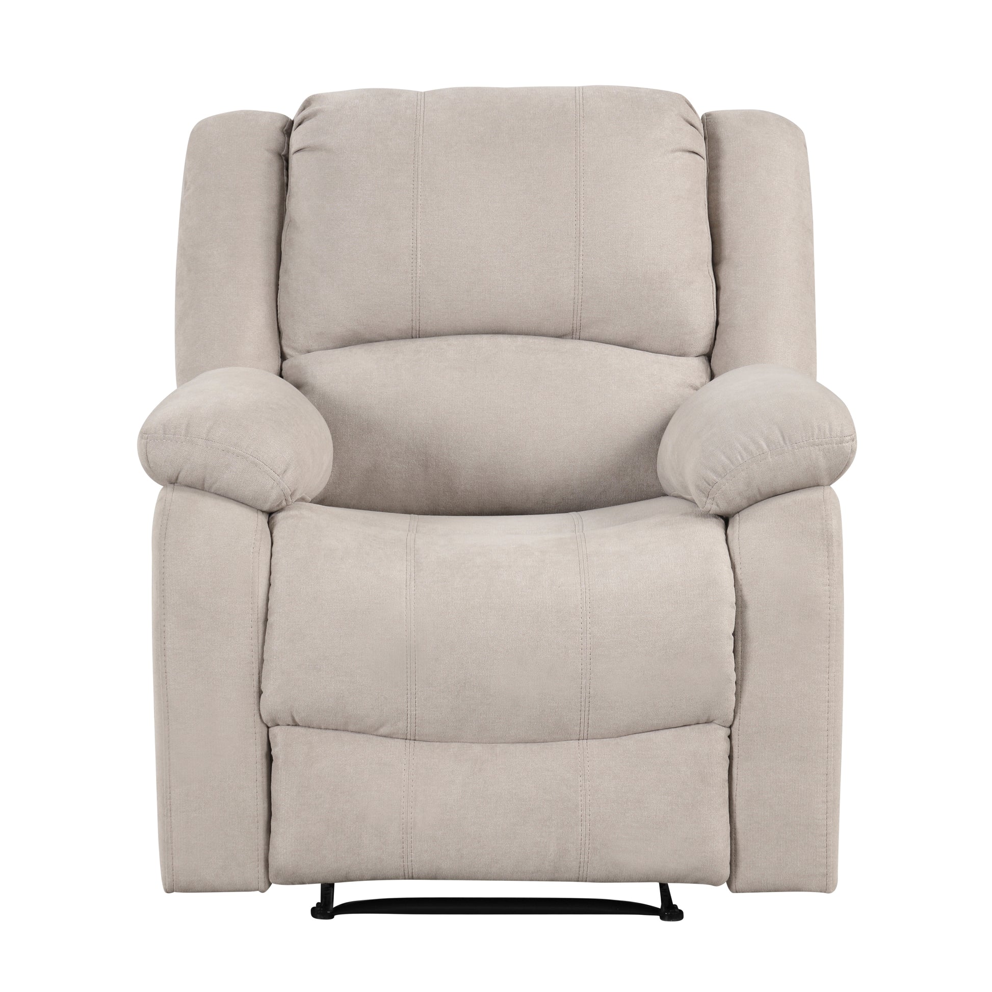 Comfortable beige fabric recliner chair with plush cushioning and padded arms for relaxation