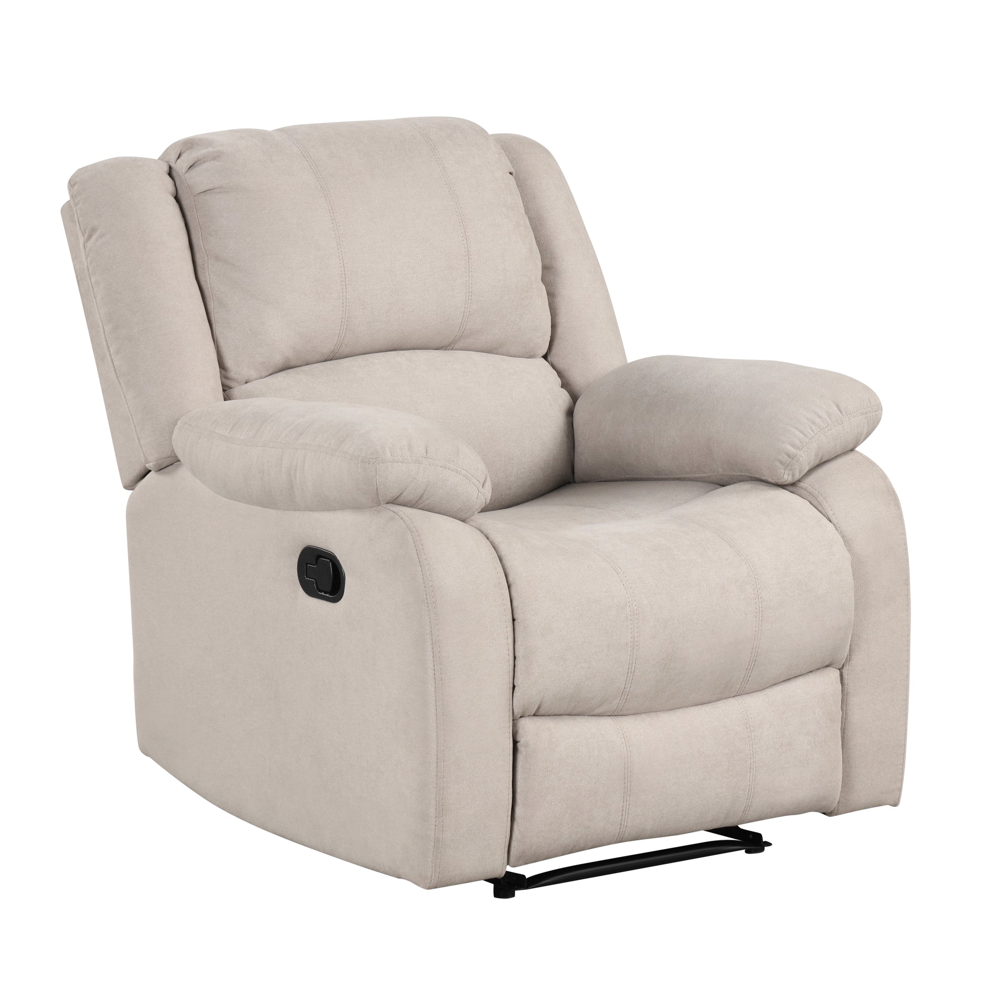 Comfortable beige fabric recliner with plush cushioning and side lever for easy adjustment