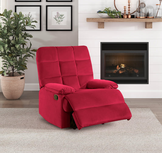 Red velvet recliner armchair with plush cushioning and a side lever for reclining