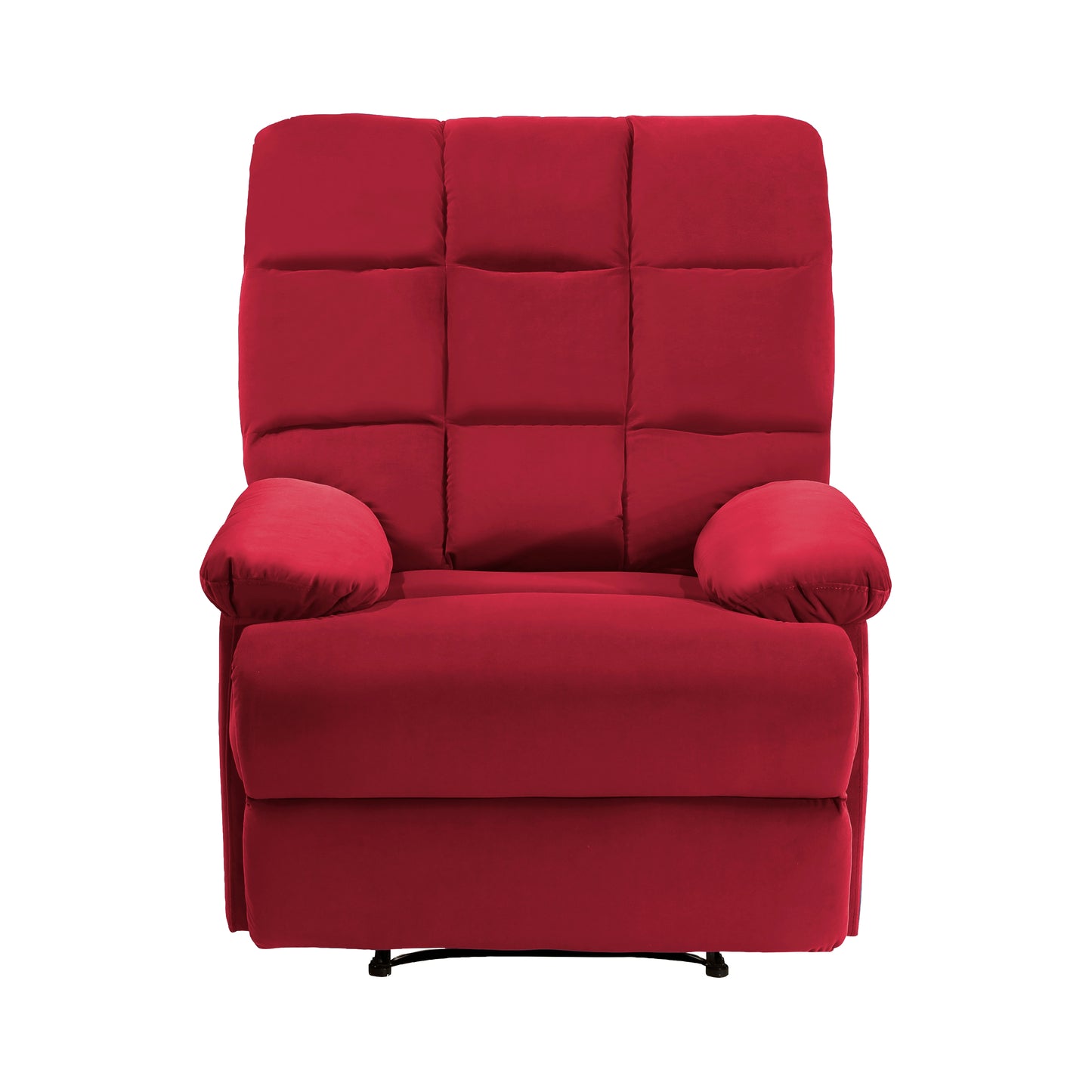 Plush red velvet recliner chair with tufted backrest and rolled armrests