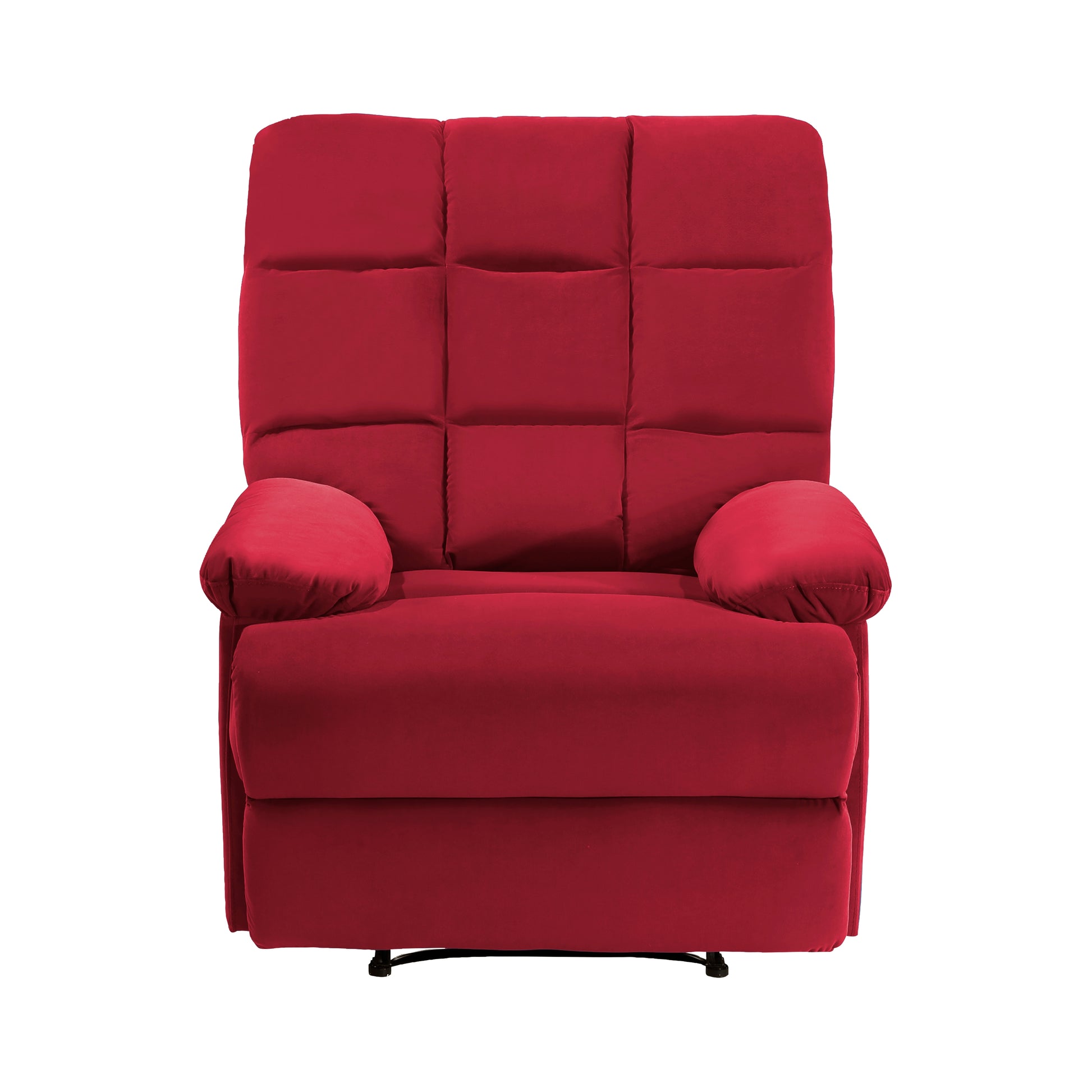 Plush red velvet recliner chair with tufted backrest and rolled armrests