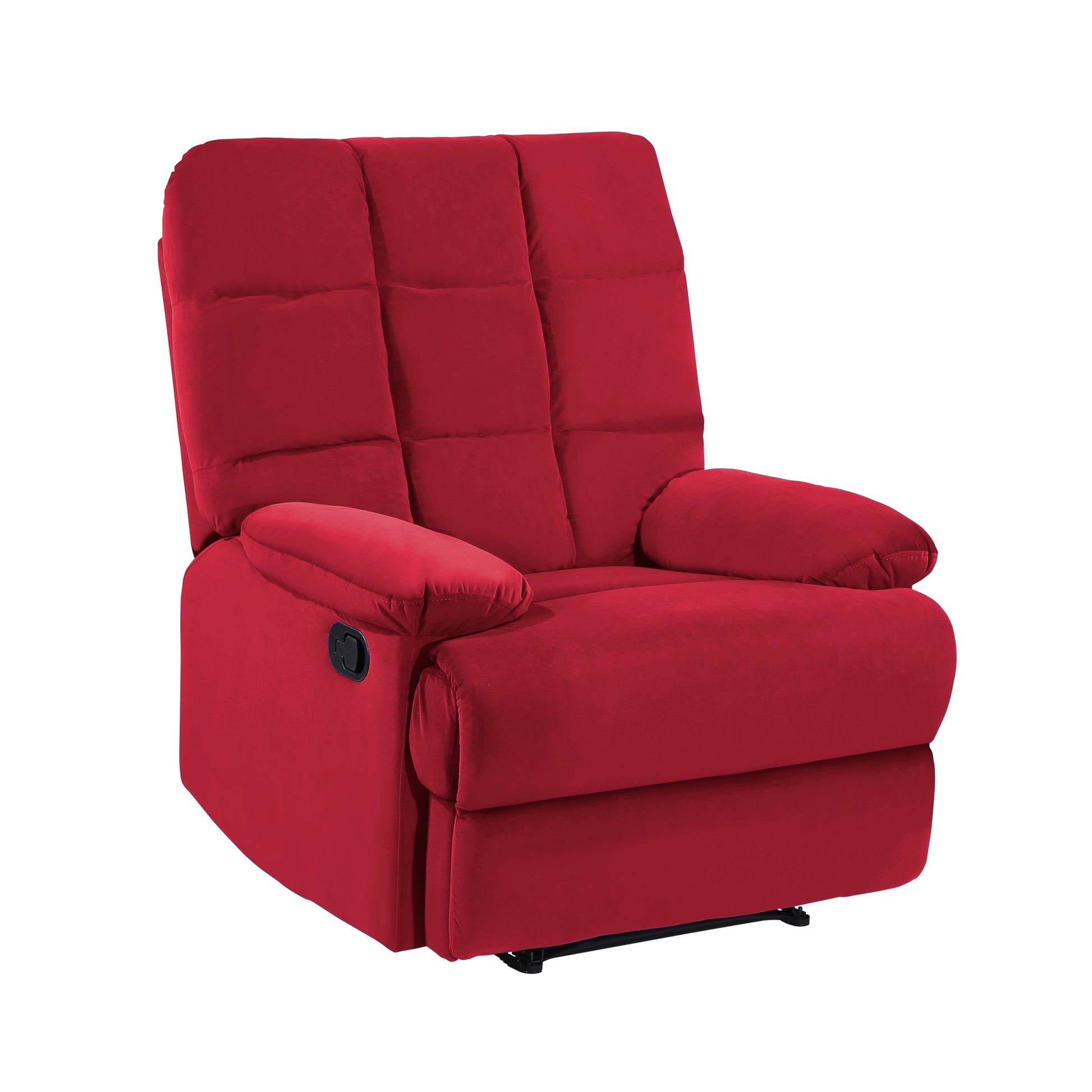Plush red velvet manual recliner chair with padded arms and a lever release