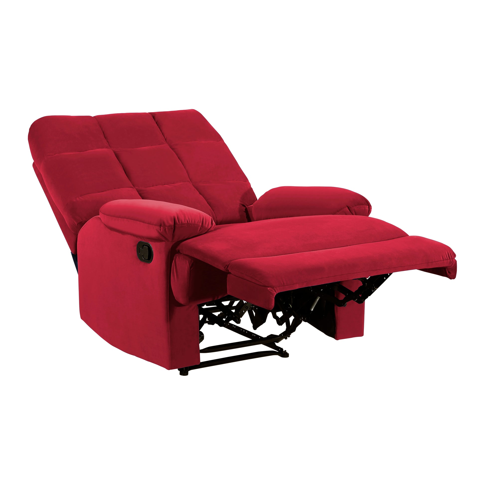 Red velvet recliner chair with plush cushioning and a metal lever for reclining