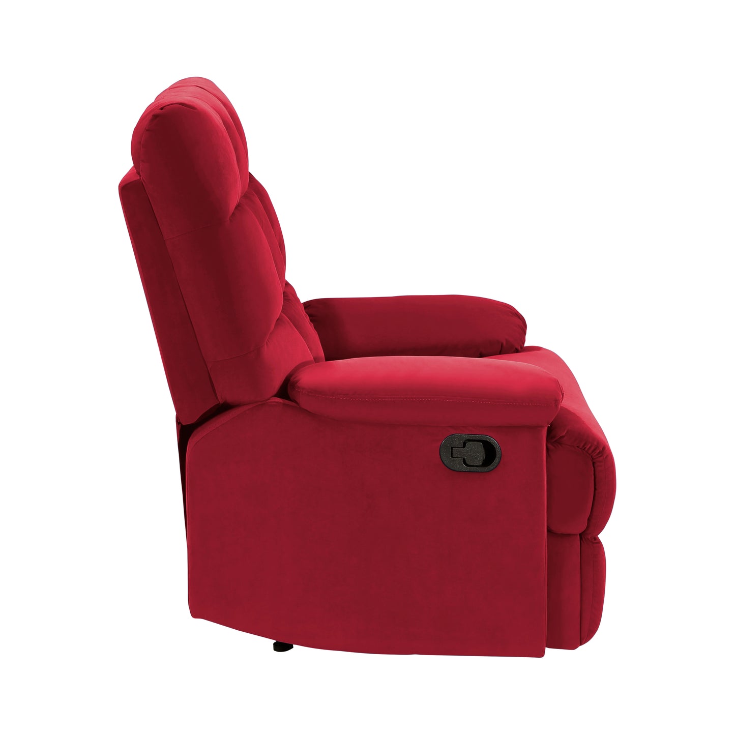 Side view of plush red velvet recliner chair with tufted backrest and lever mechanism
