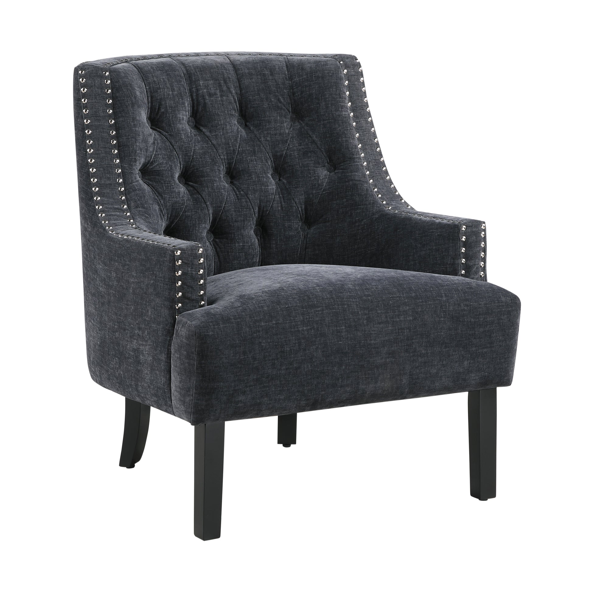 Tufted charcoal grey armchair with silver stud accents perfect for a chic living room
