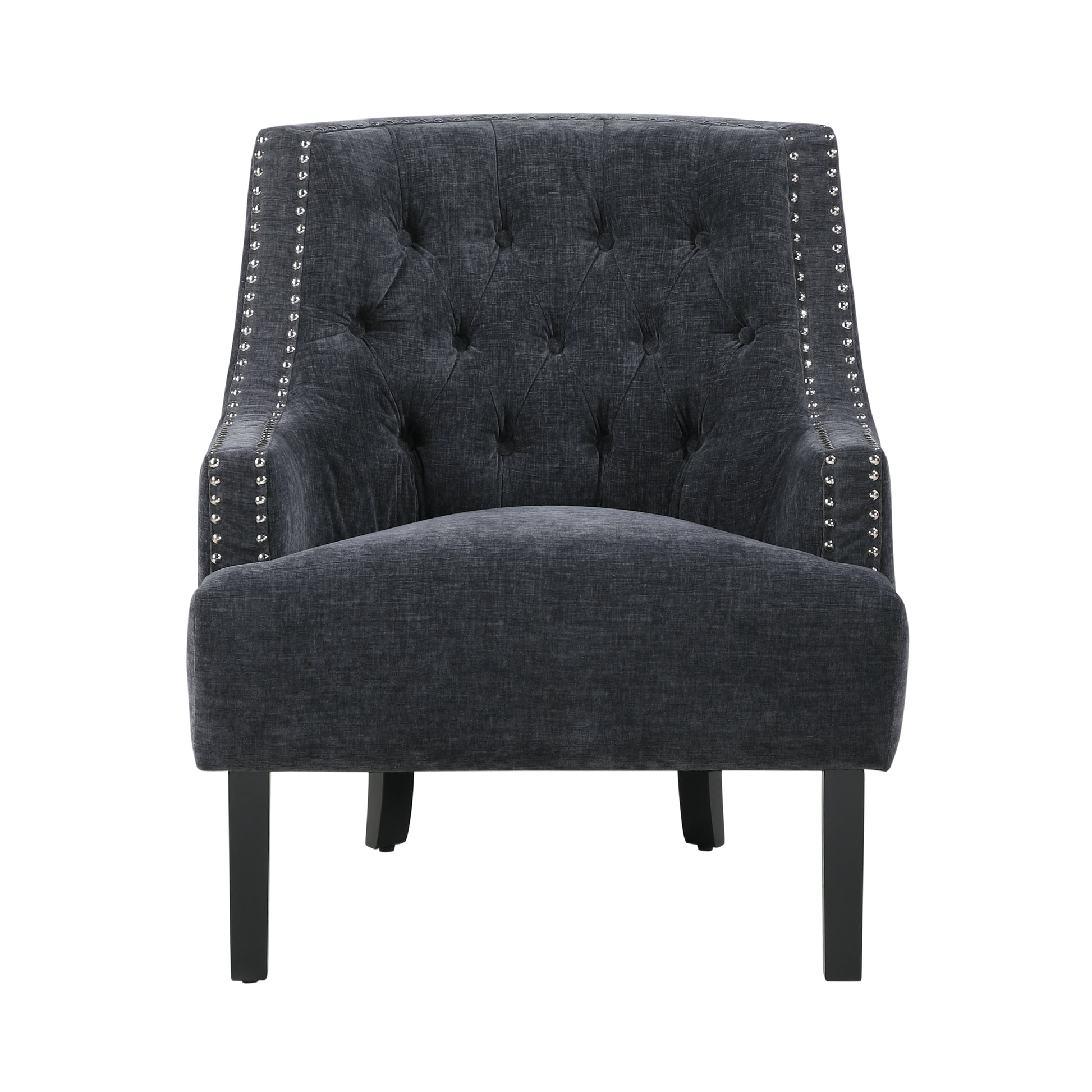 Dark charcoal upholstered accent chair with diamond tufting and nailhead trim