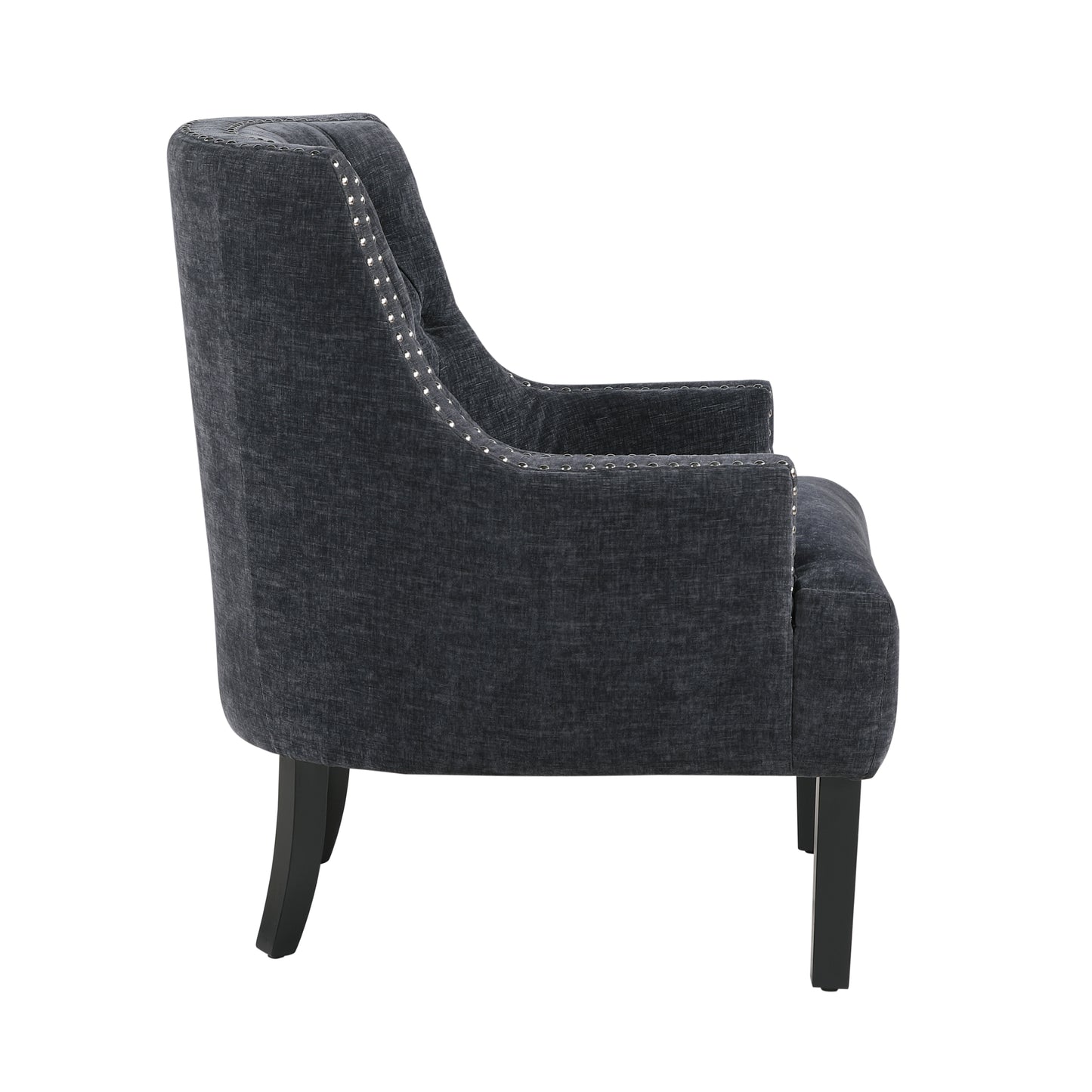 Charcoal gray upholstered accent chair with button tufting and silver nailhead trim
