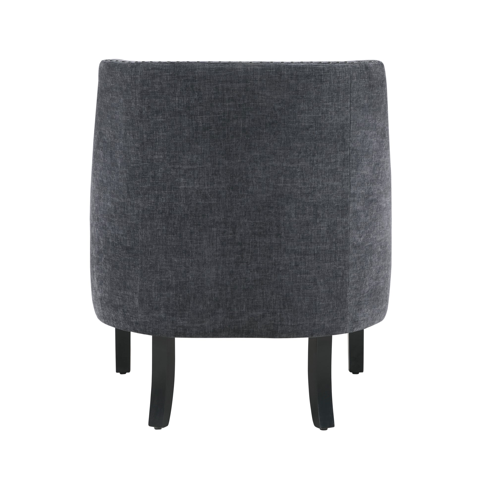 Dark grey textured fabric accent chair with nailhead trim and dark wooden legs