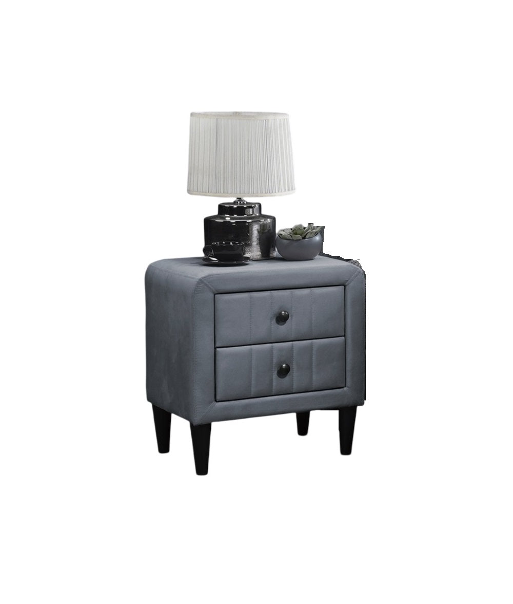 Gray velvet nightstand with two drawers and black knobs