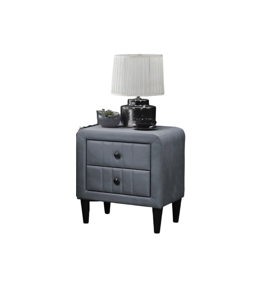 Grey upholstered nightstand with two drawers and dark wood legs