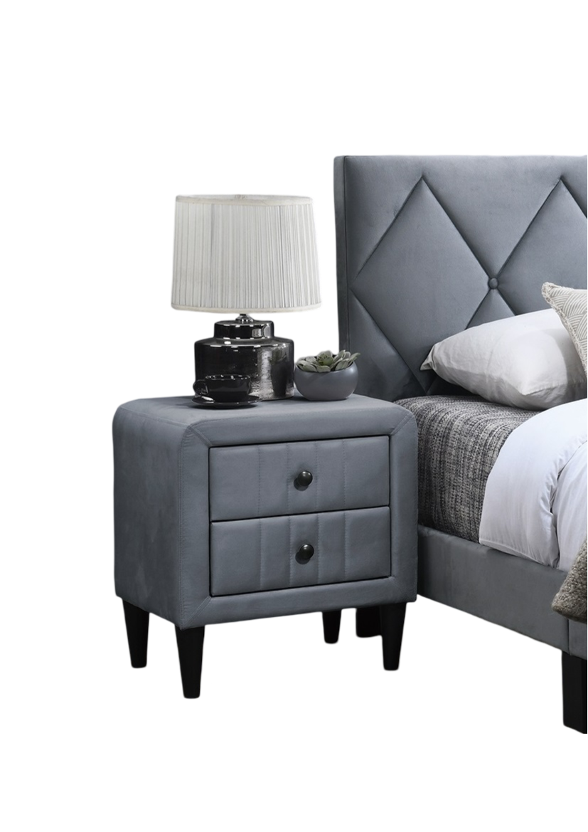 Gray velvet nightstand with two drawers