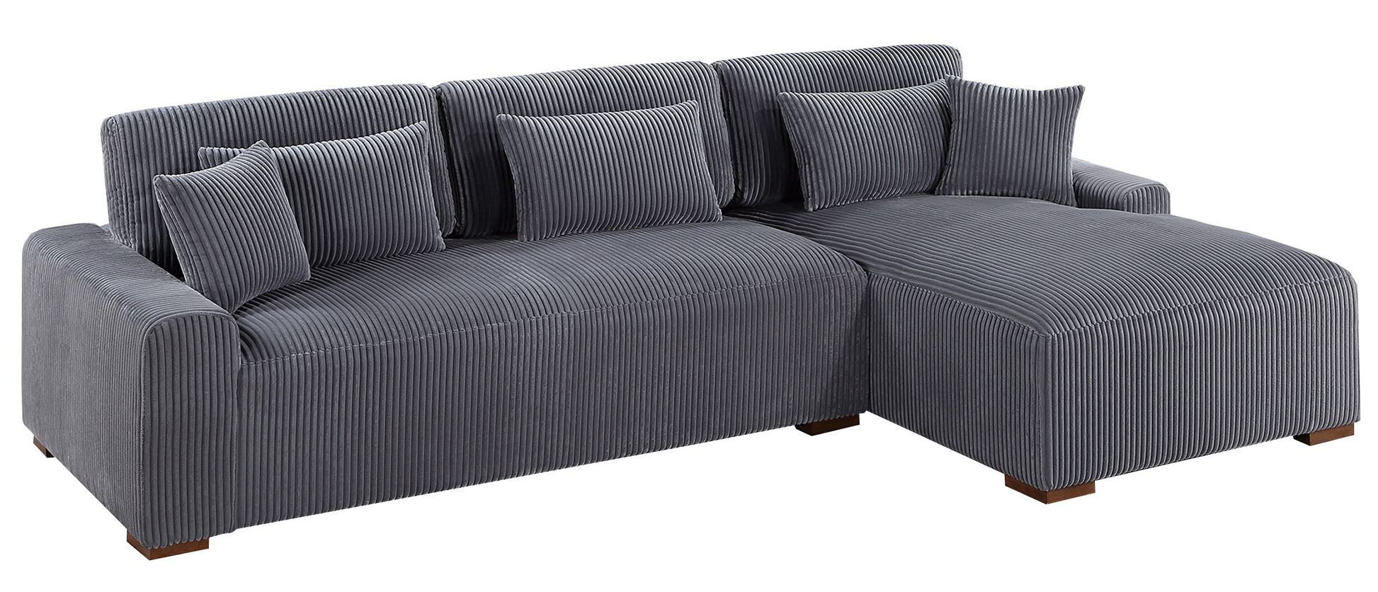 Grey corduroy sectional sofa with plush throw pillows perfect for a modern living room