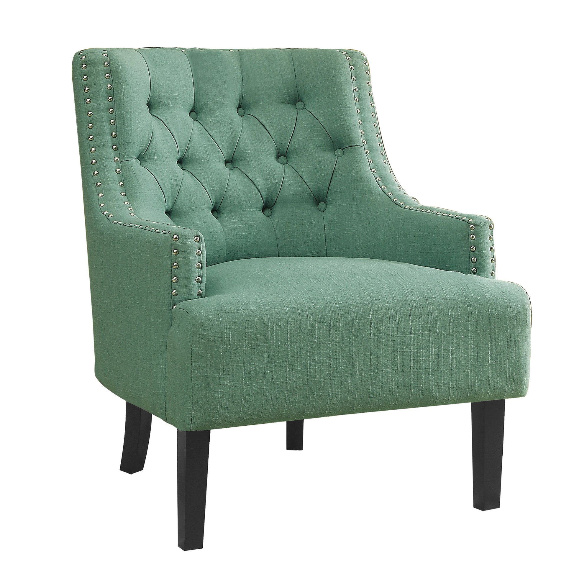 Mint green upholstered accent chair with diamond tufting and silver nailhead trim