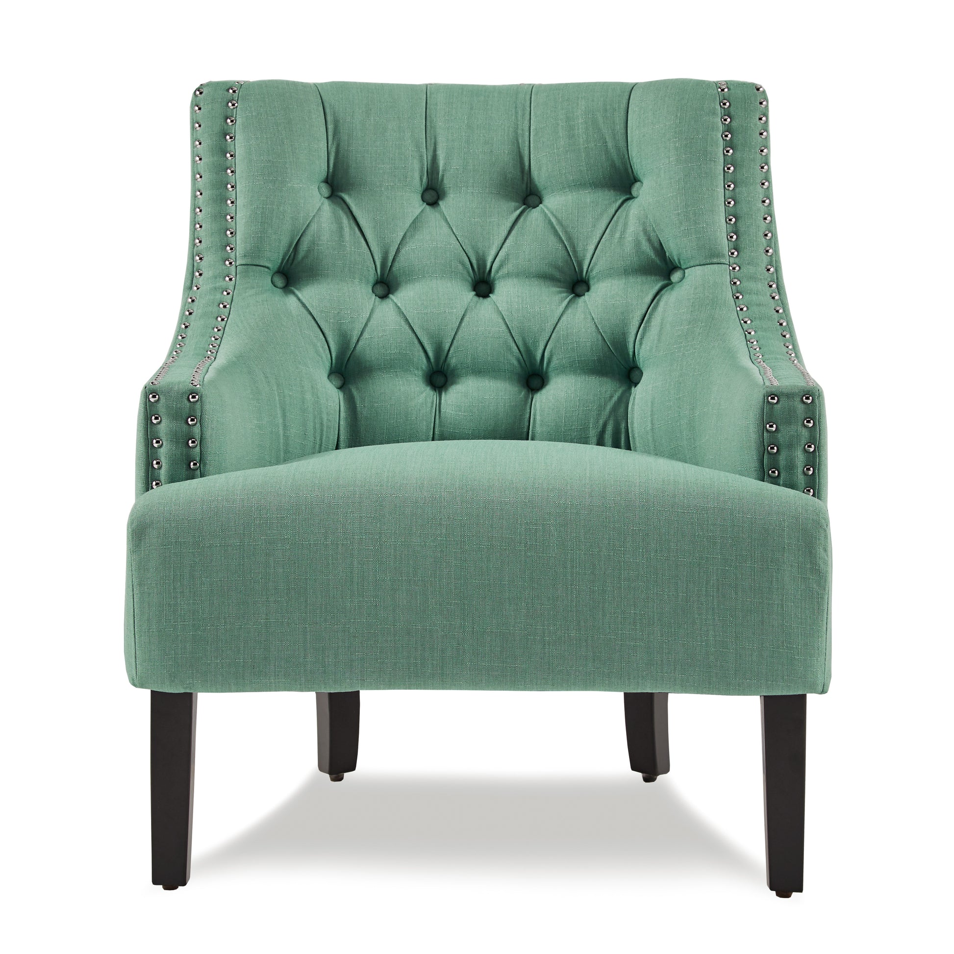 Tufted seafoam green accent chair with silver nailhead trim and dark wood legs