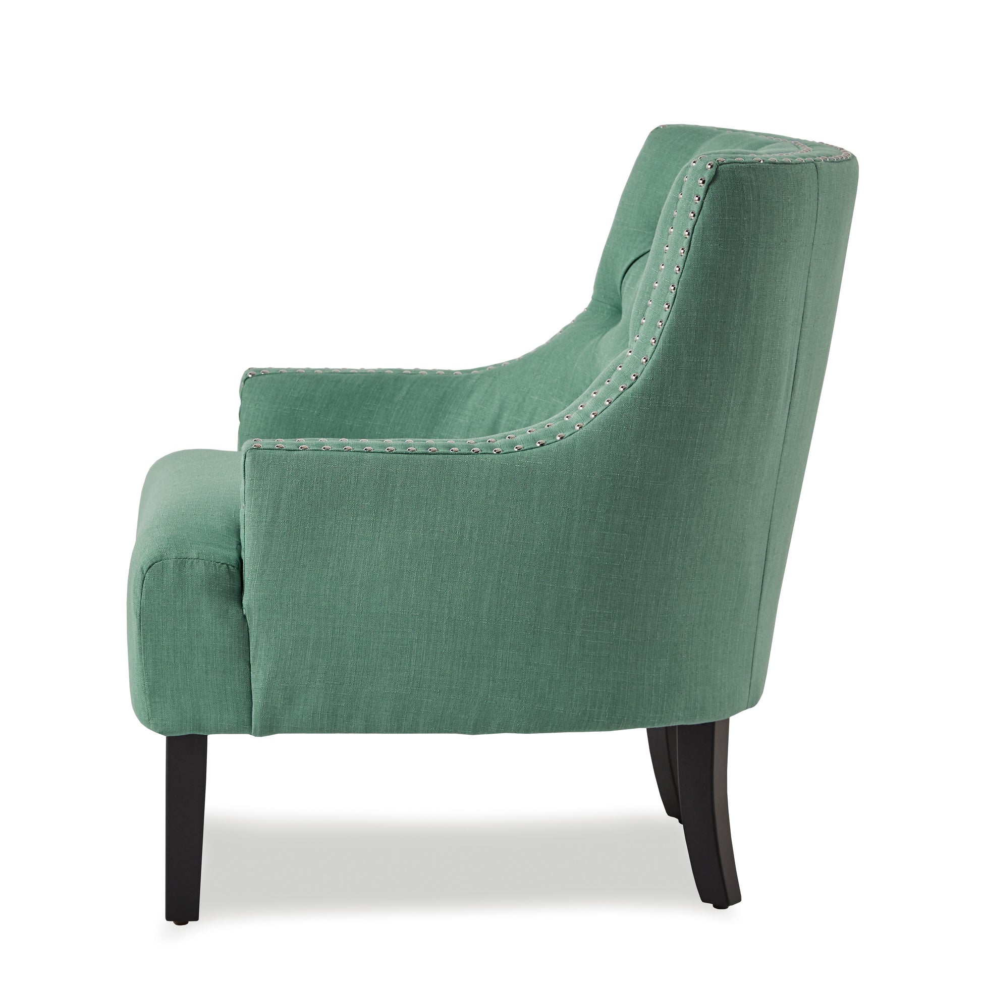Tufted emerald green accent chair with silver nailhead trim and dark wood legs