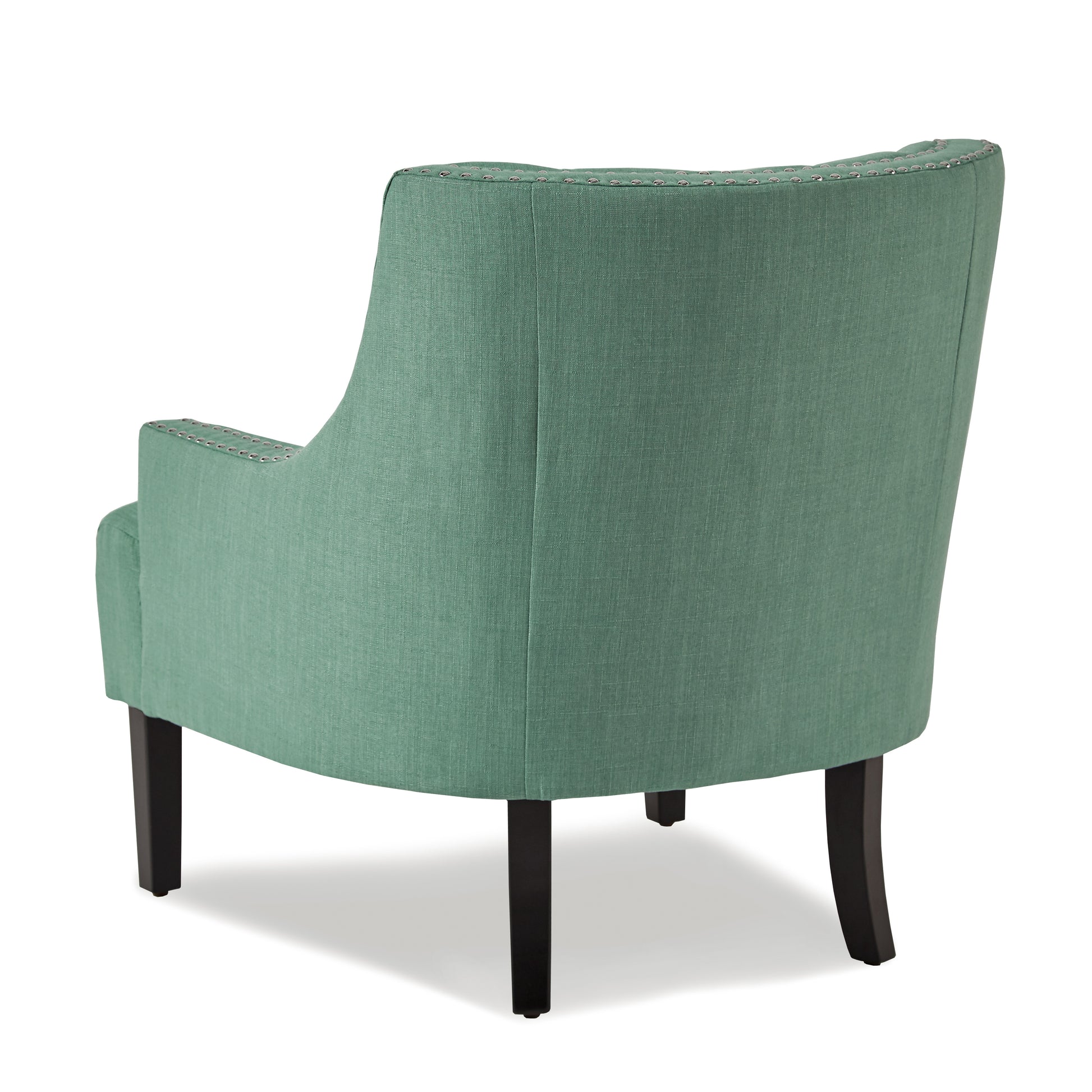 Emerald green fabric accent chair with studded trim and dark wood legs