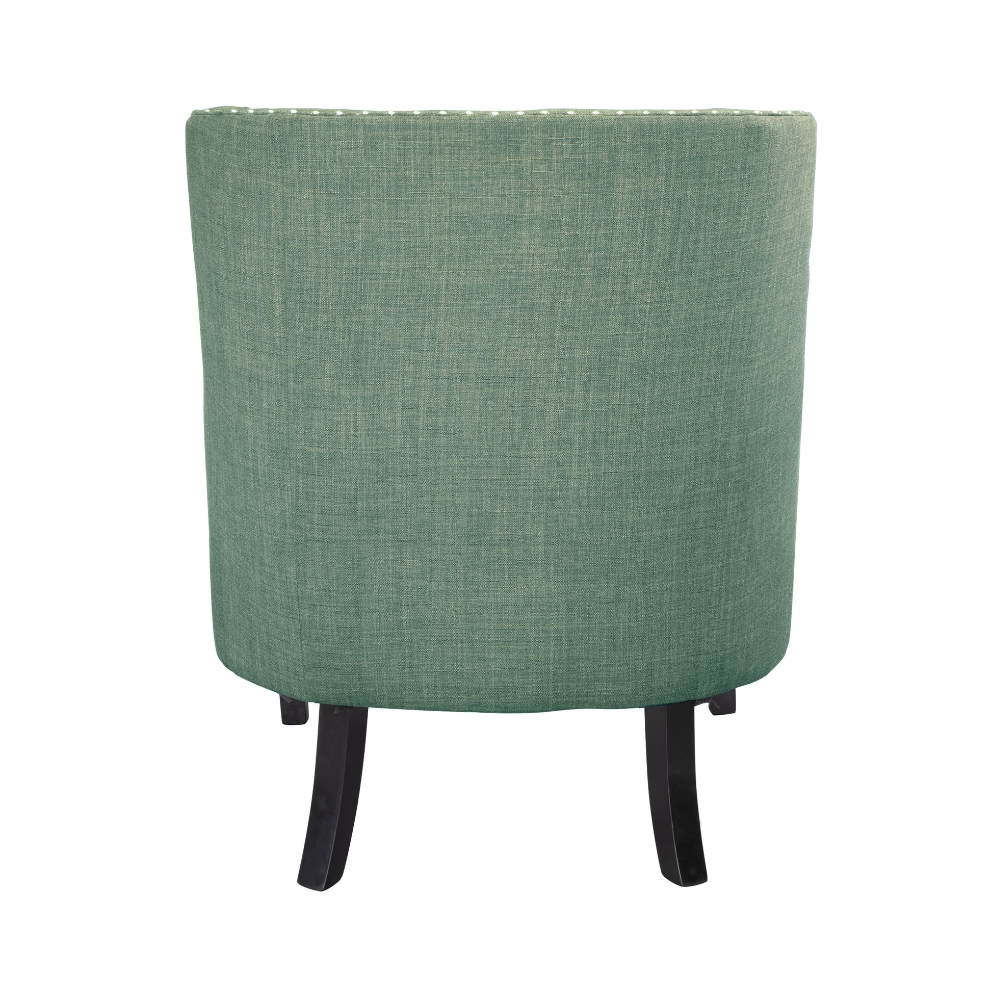 Back view of a tufted sage green accent chair with dark wooden legs