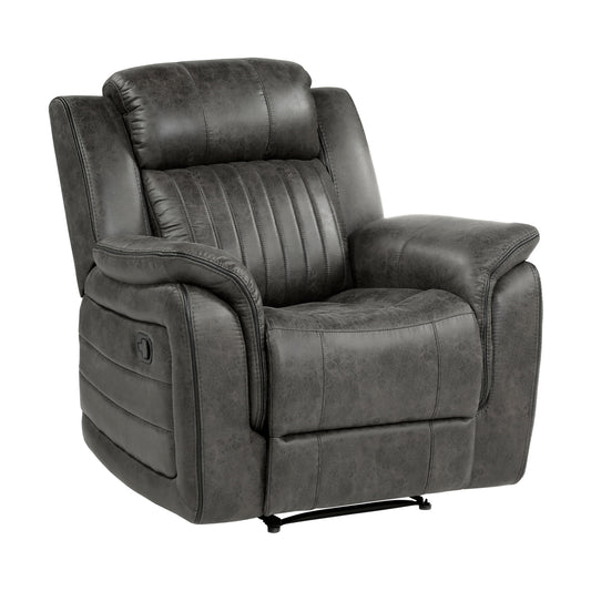Gray leather recliner chair with stitched detailing and plush cushioning for ultimate comfort