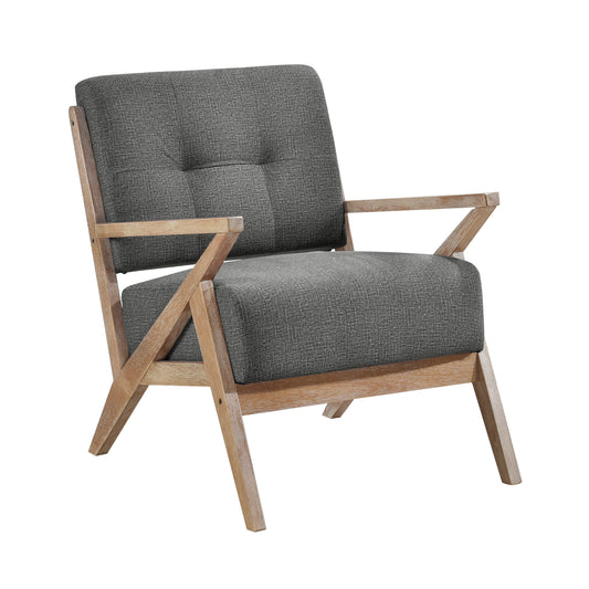 Charcoal grey fabric armchair with light wood angled frame and armrests