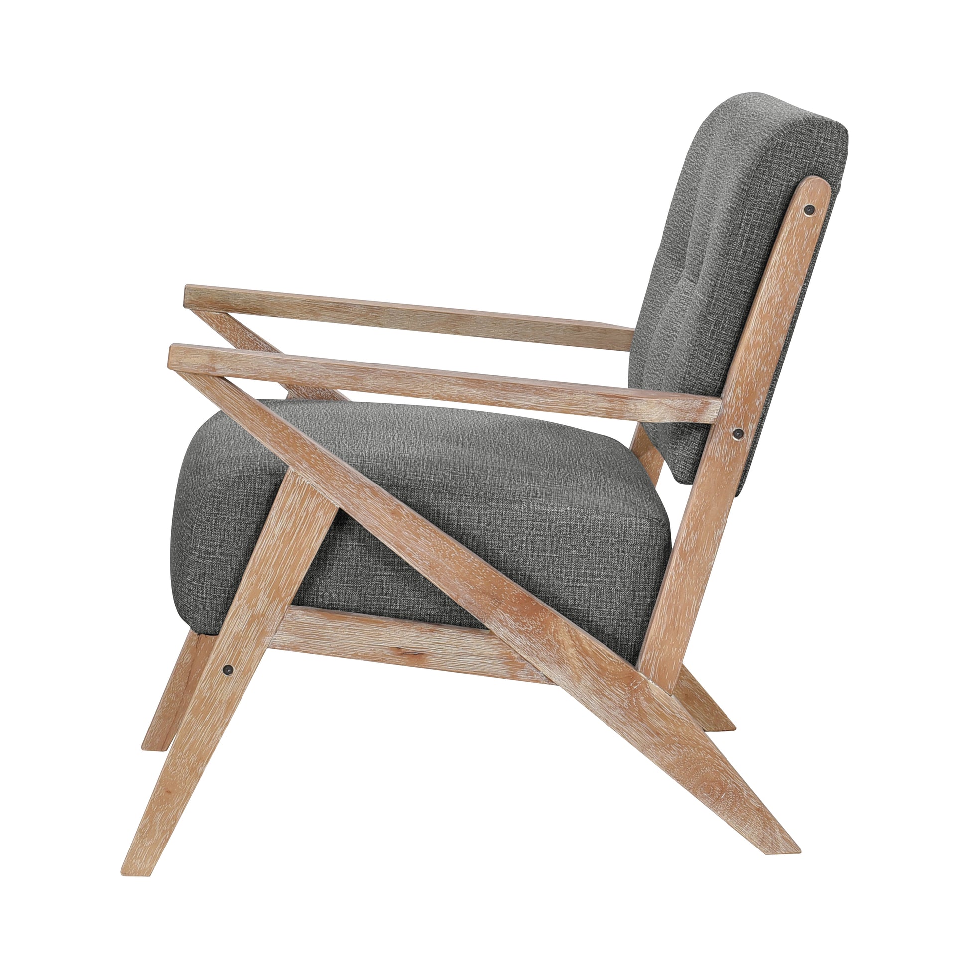 Midcentury modern accent chair in textured grey fabric with light wood frame