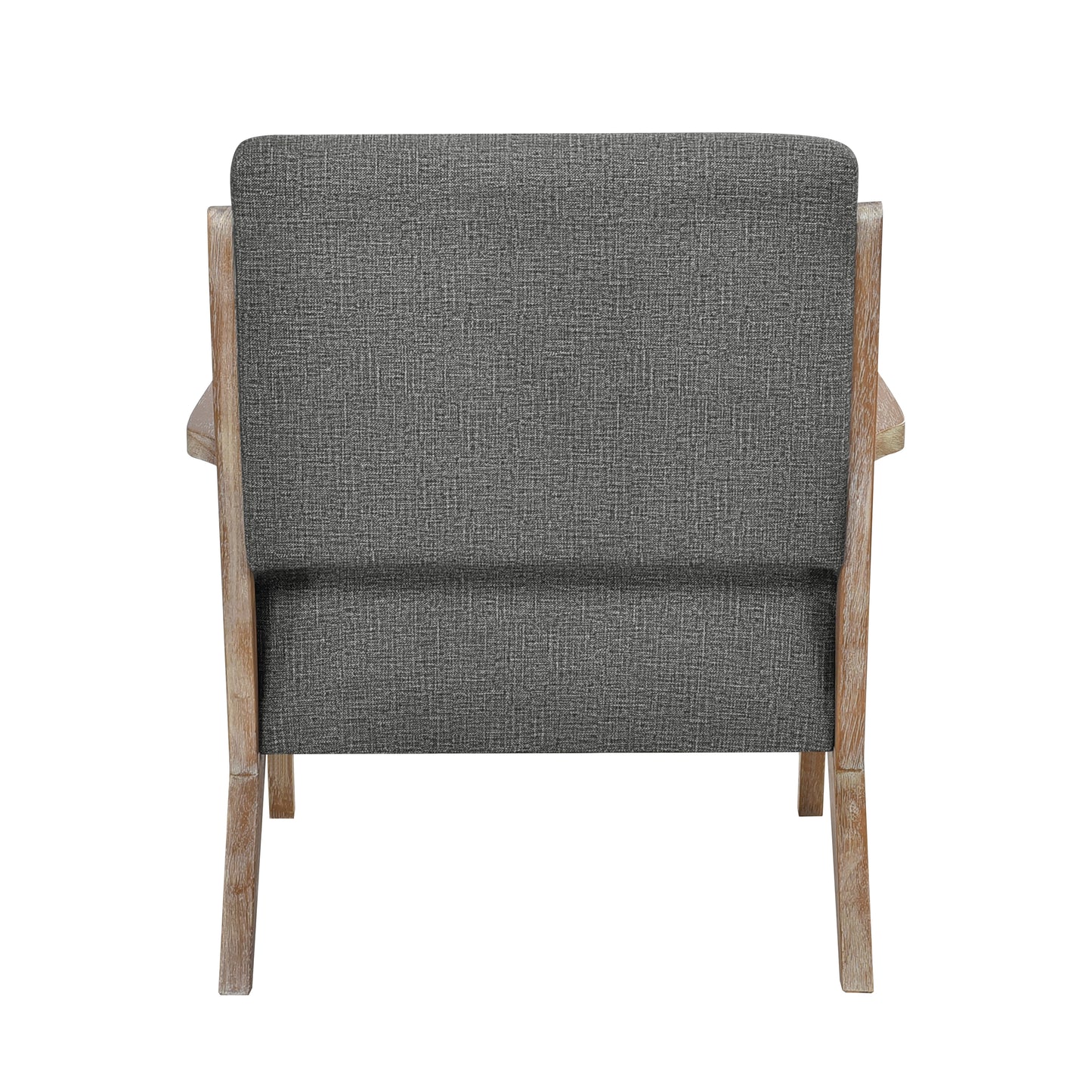 Back view of a grey upholstered armchair with natural wood frame modern accent chair