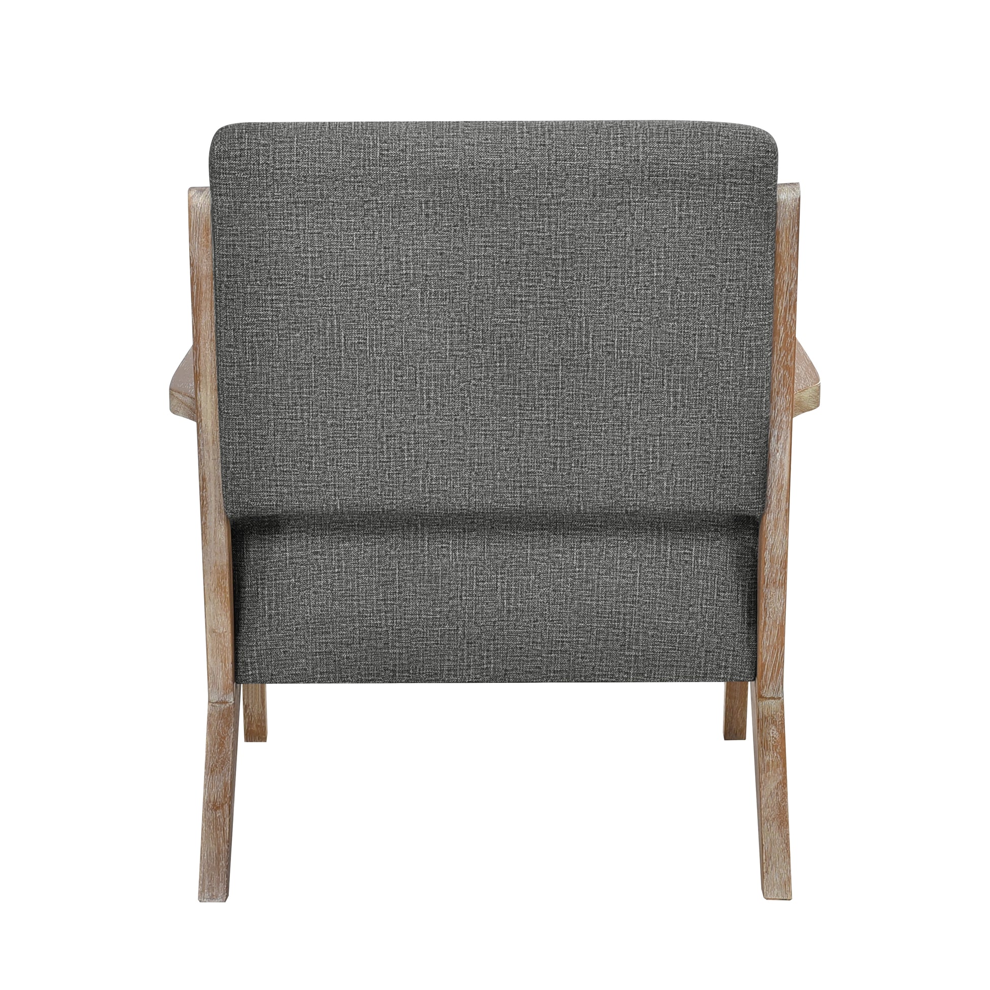 Back view of a grey upholstered armchair with natural wood frame modern accent chair