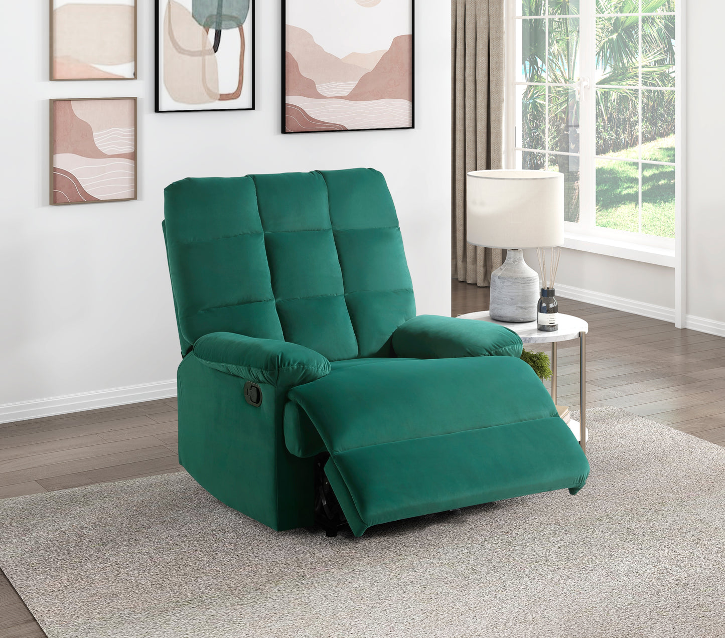 Emerald green velvet recliner chair with tufted back and padded arms