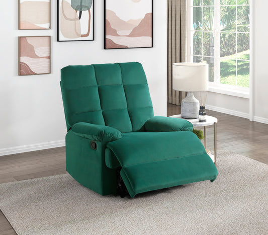 Emerald green velvet recliner chair with tufted back and padded arms