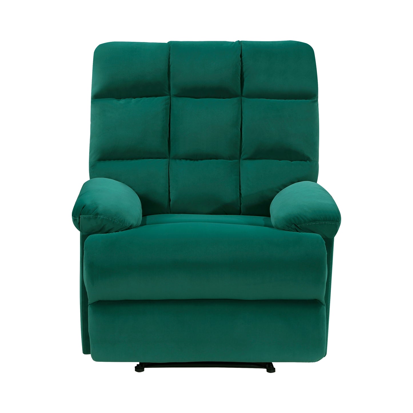 Plush emerald green velvet recliner chair with deep tufting and padded arms