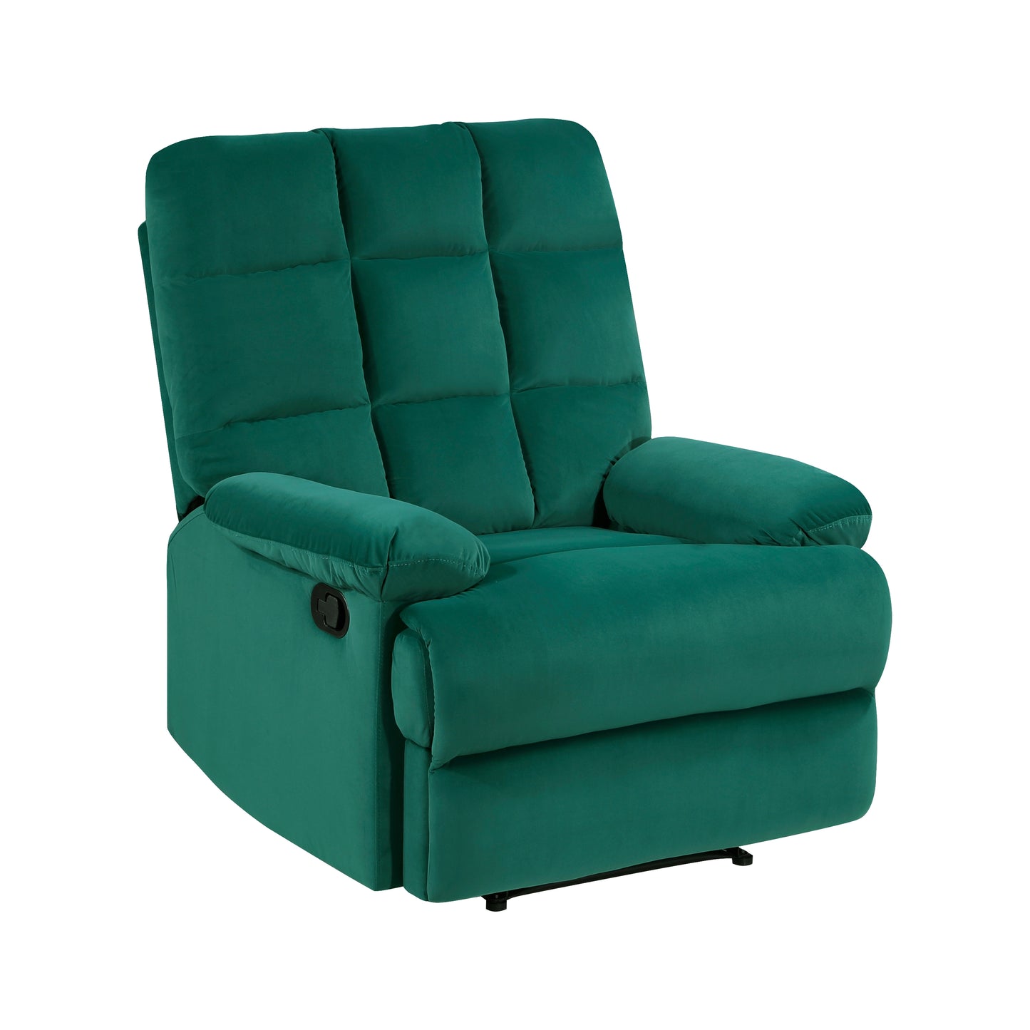 Green velvet recliner chair with tufted back and padded armrests for ultimate comfort