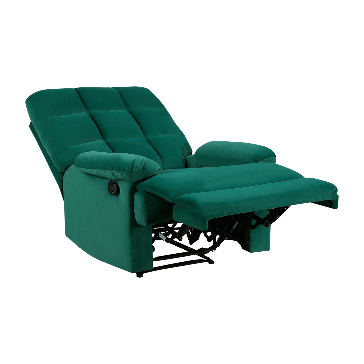 Emerald green velvet recliner chair with padded back and footrest extended for comfort