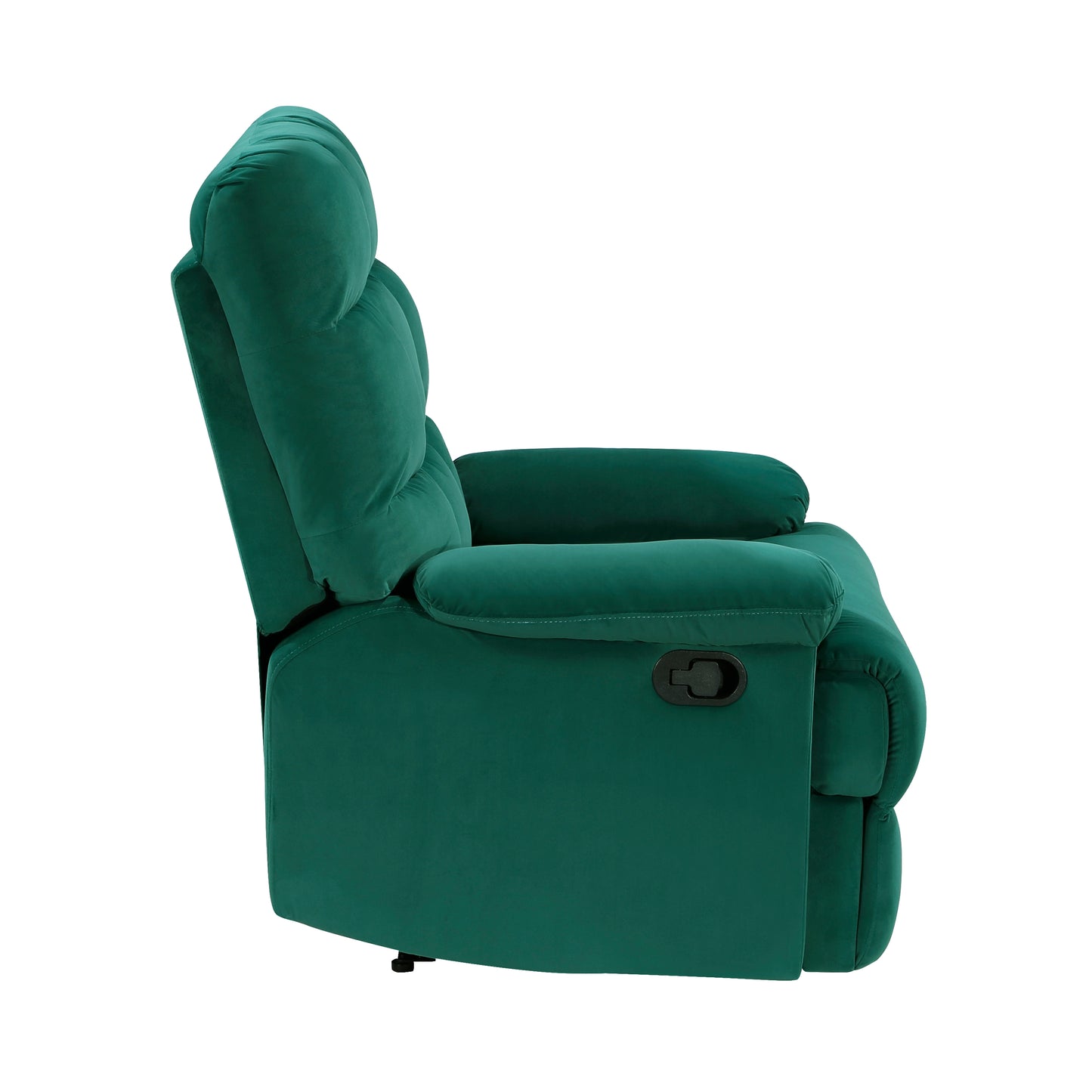 Emerald green velvet recliner chair with plush cushioning and a side lever for reclining