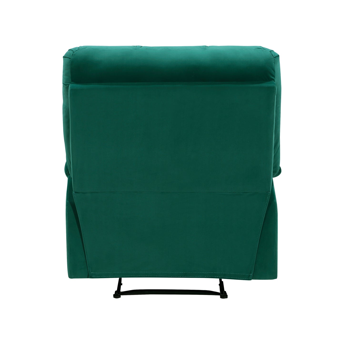Back view of a tufted emerald green velvet armchair with black metal legs